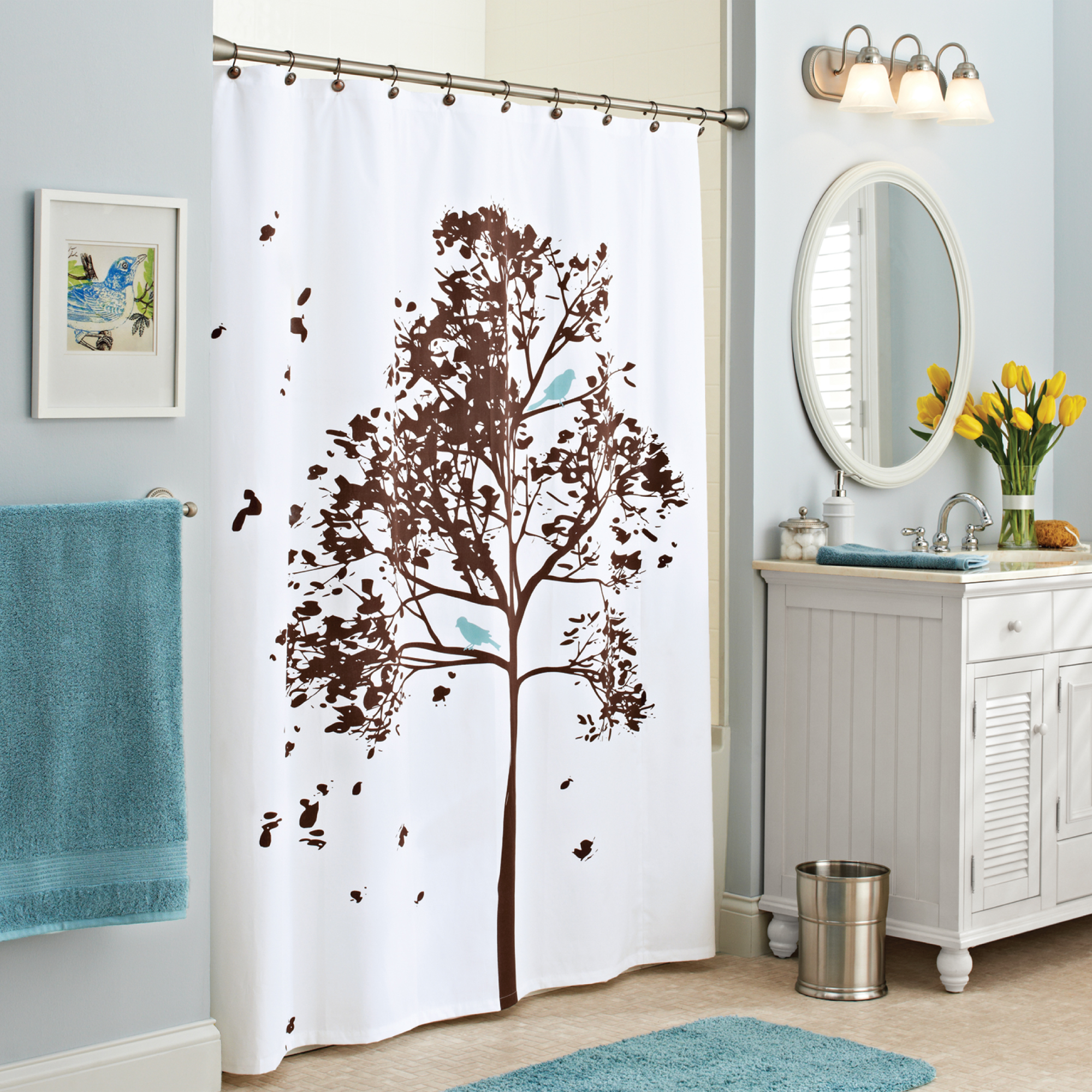 Farley Tree Fabric Shower Curtain w/ blue bird print Reinforced buttonhole header