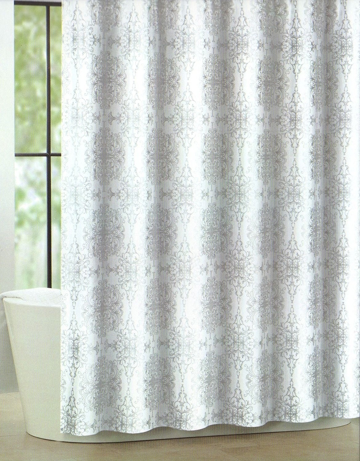 Tahari home luxurious fabric shower curtain milan scroll silver and