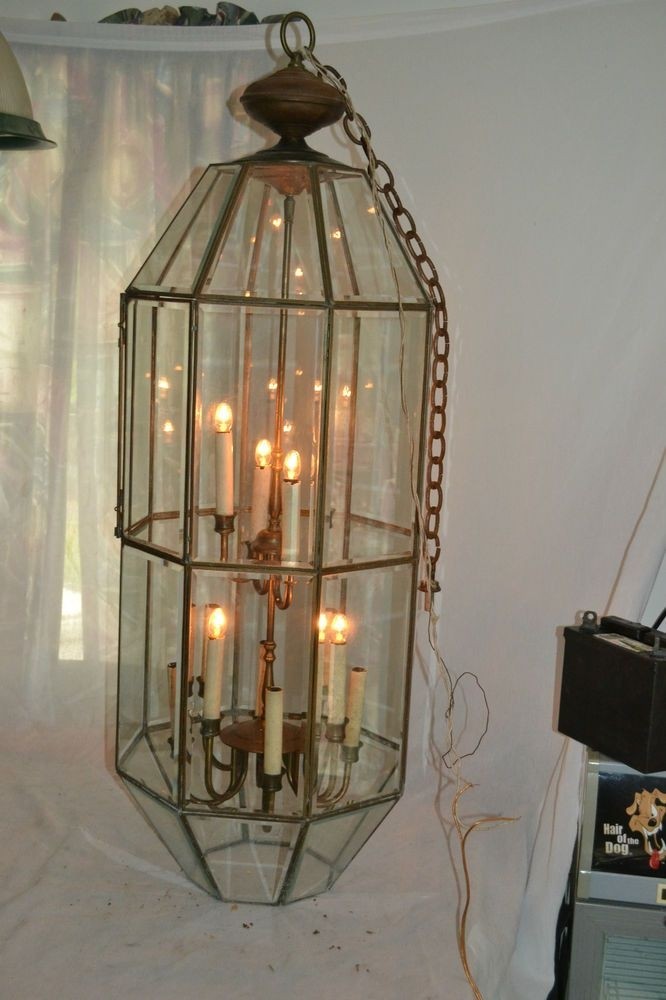 Huge Vtg Antique Brass 8 Sided Beveled Glass Hanging Chandelier Foyer Light