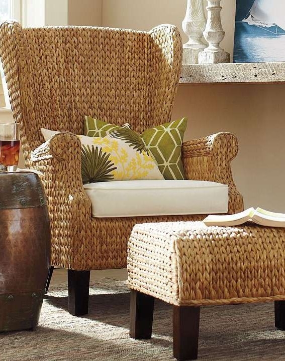 High back wing chair constructed from durable seagrass and rattan