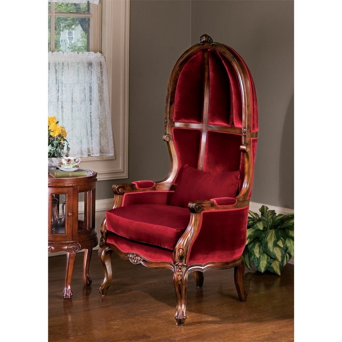 Burgundy velvet balloon chair hand carved mahogany antique replica