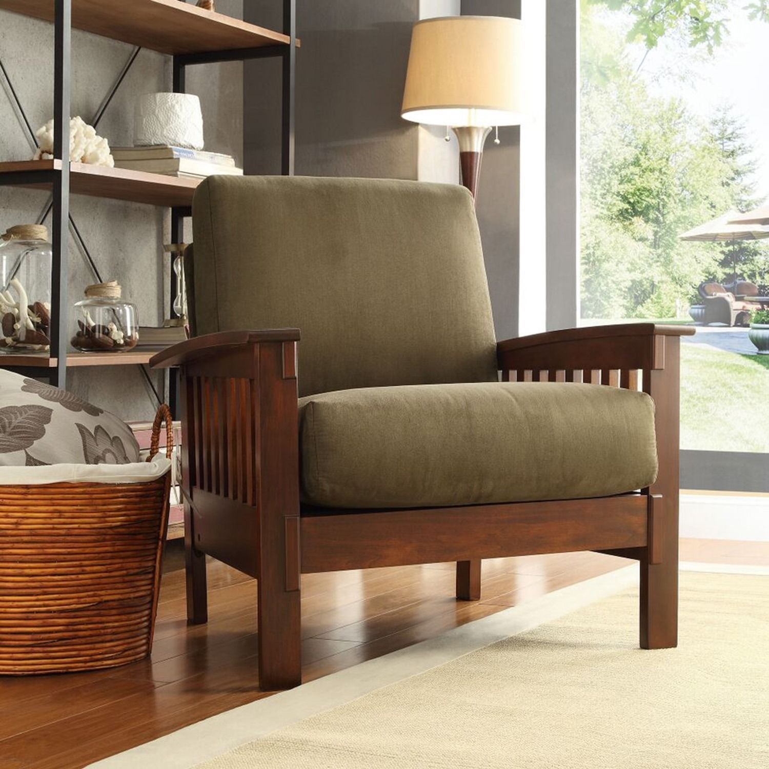 TRIBECCA HOME Hills Modern Mission-Style Oak Upholstered Microfiber Accent Chair Armchair for Comfortable Living Room Seating