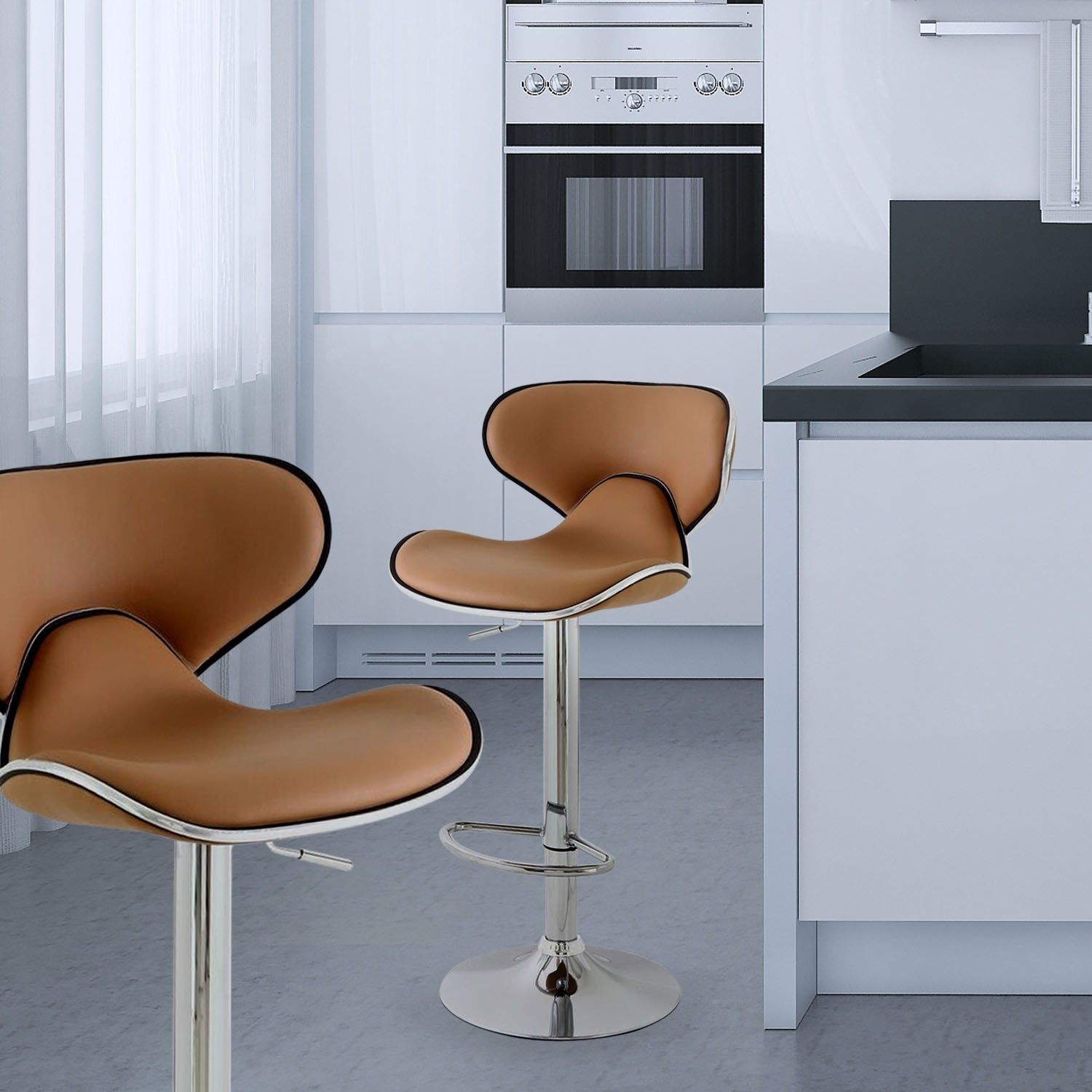 2 Swivel Elegant PU Leather Modern Adjustable Hydraulic Bar Stool Adeco, Caramel Light Brown Latte toffee Coffe Color, Cushioned Saddleback (Set of two)