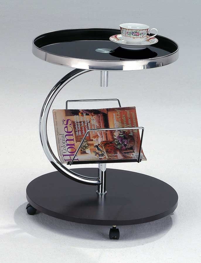 Black Glass End Table With Magazine Rack and Wheels