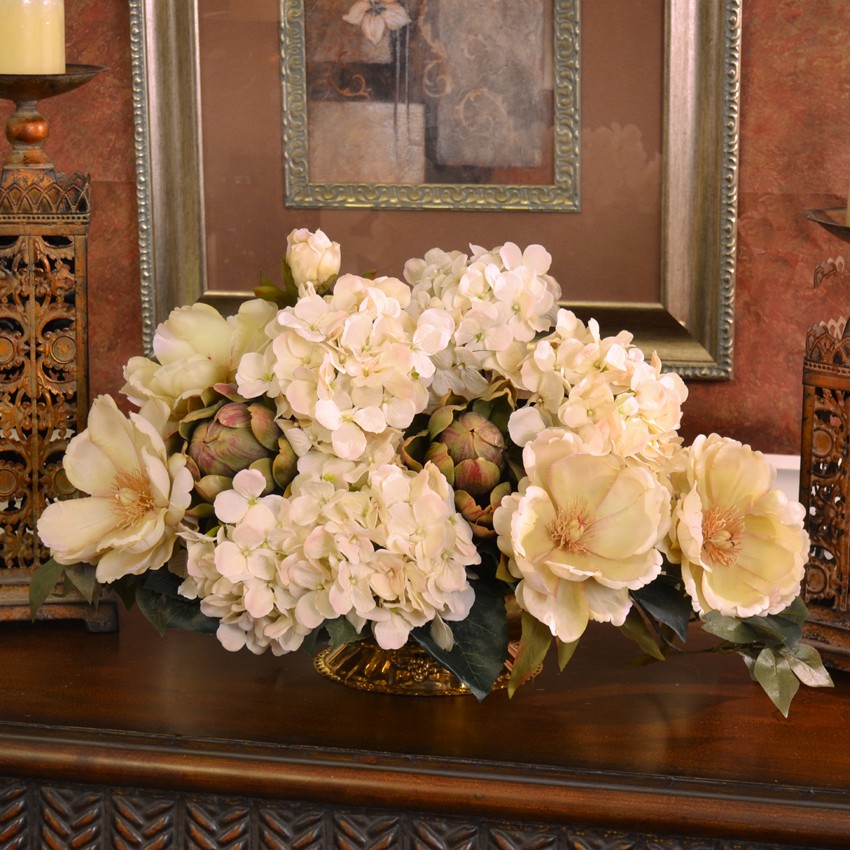 Magnolia and Hydrangea Silk Floral Centerpiece