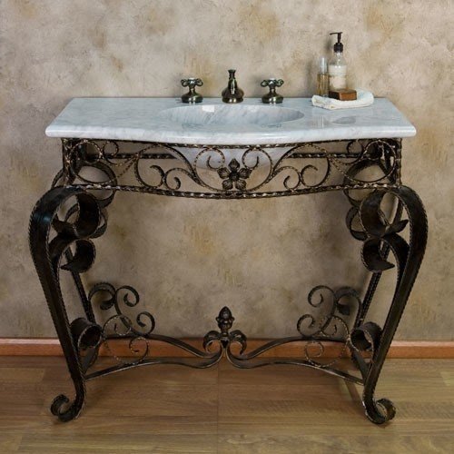 Scrolled wrought iron console vanity with recessed carrara marble sink