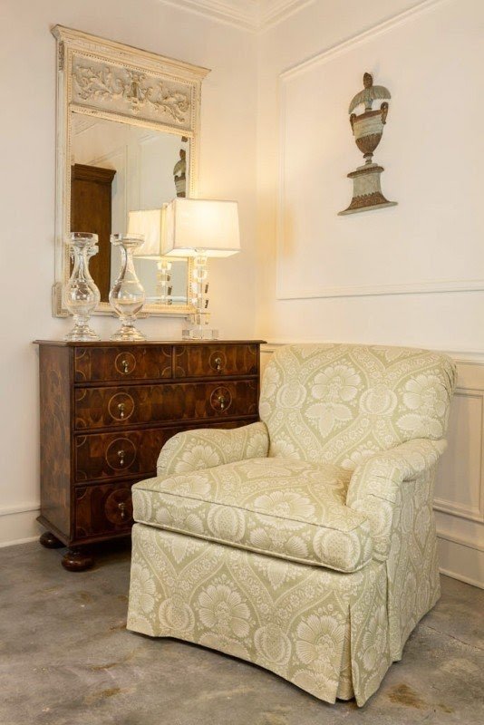 English arm occasional chair with tailored waterfall skirt detail