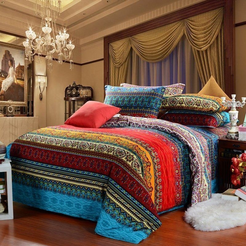 Indian pattern multi color stripe print full queen size bedding