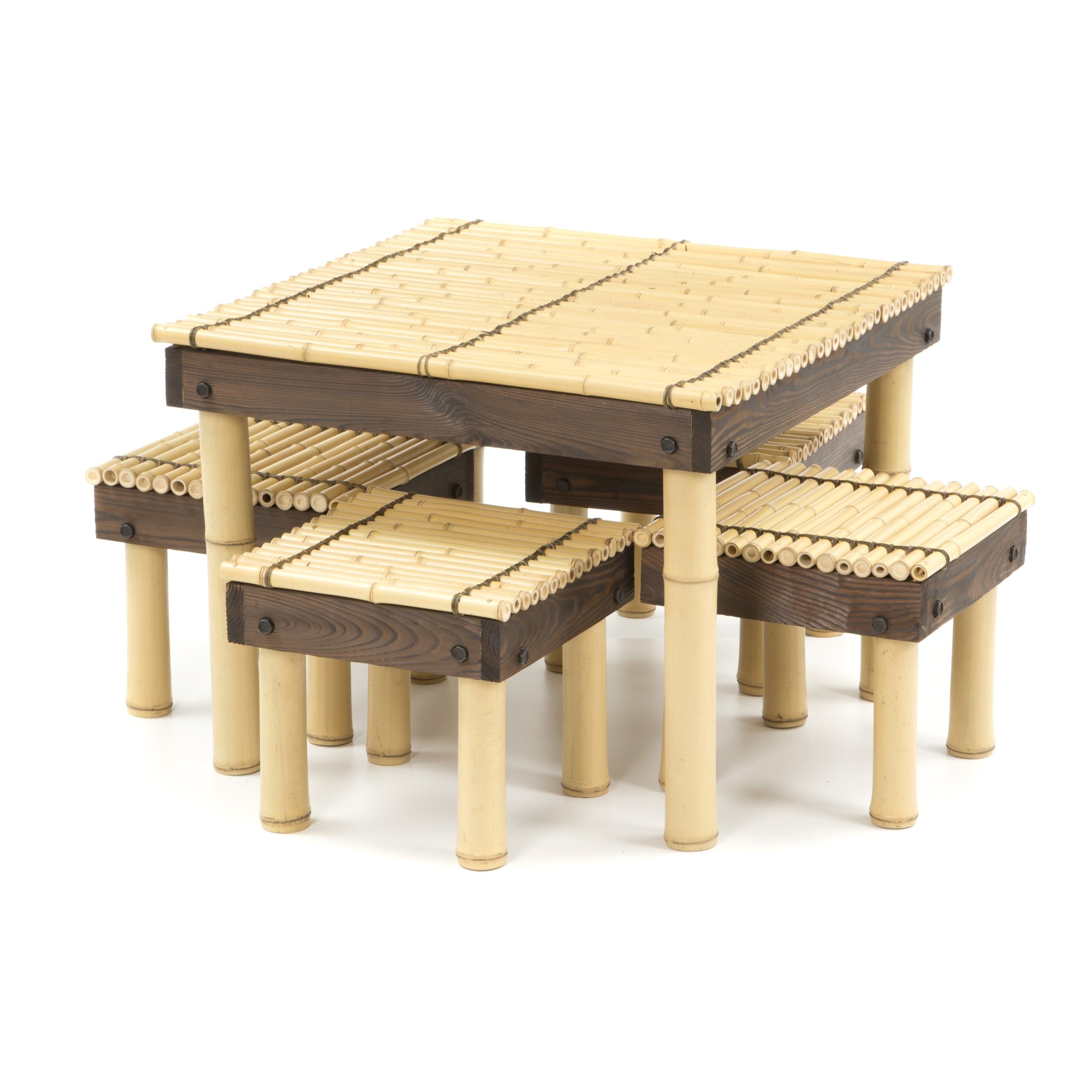Bamboo And Walnut Coffee Table With Stools