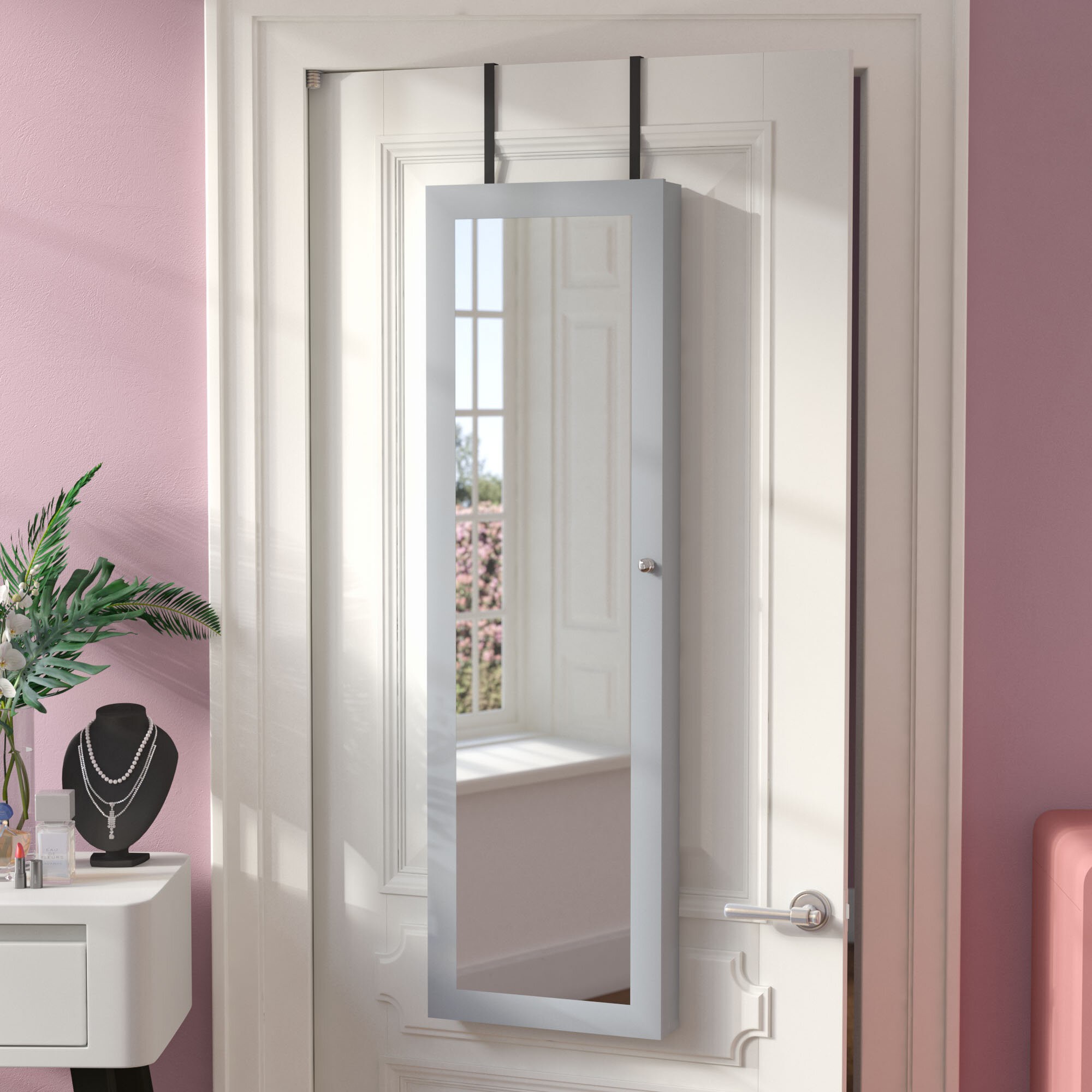 Black Over The Door Jewelry Armoire With Front Mirror