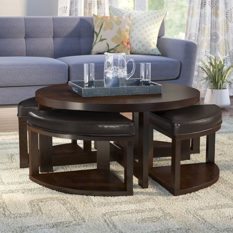 Brown Cherry Coffee Table With Nested Stools