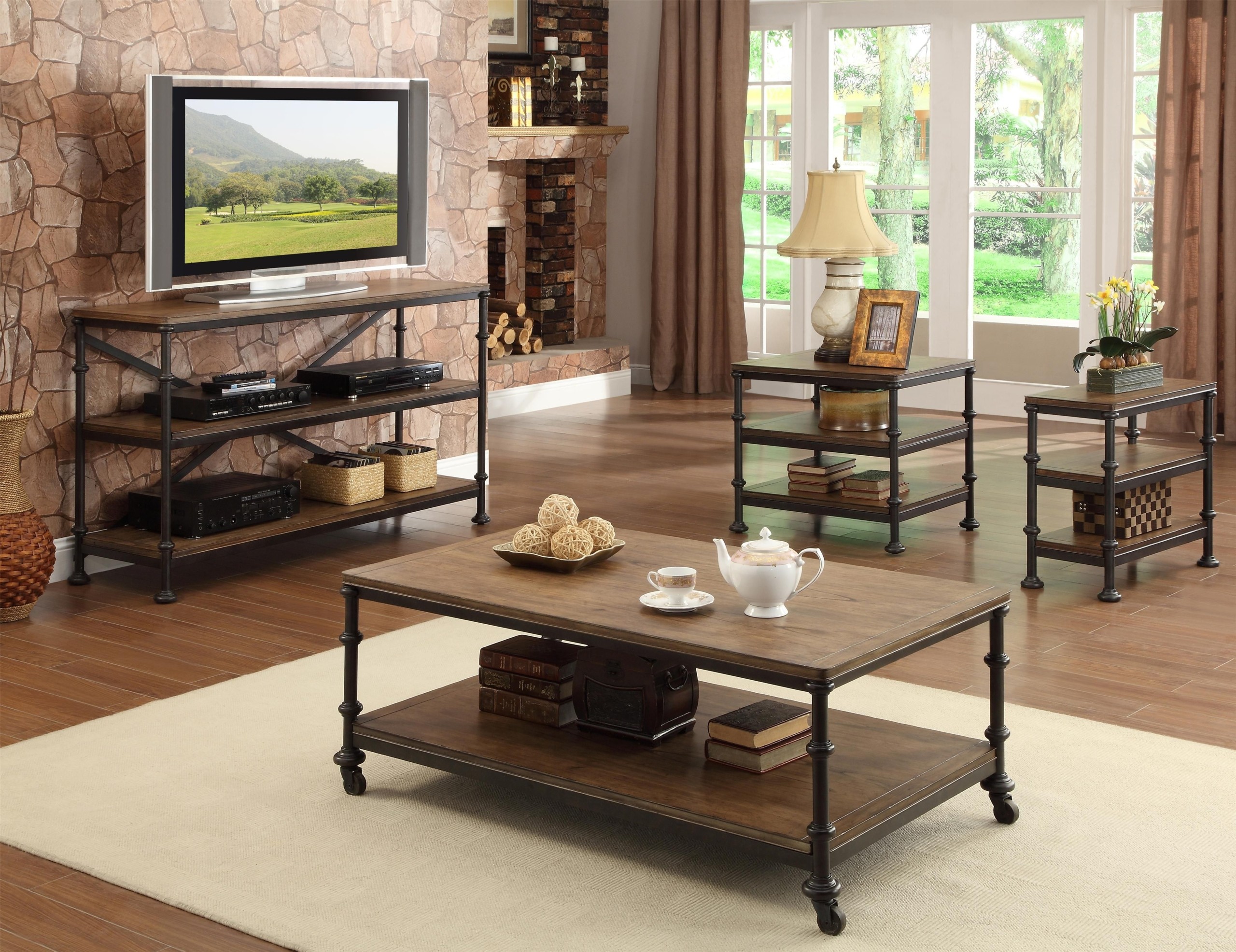 Brown Metal and Wood Coffee Table