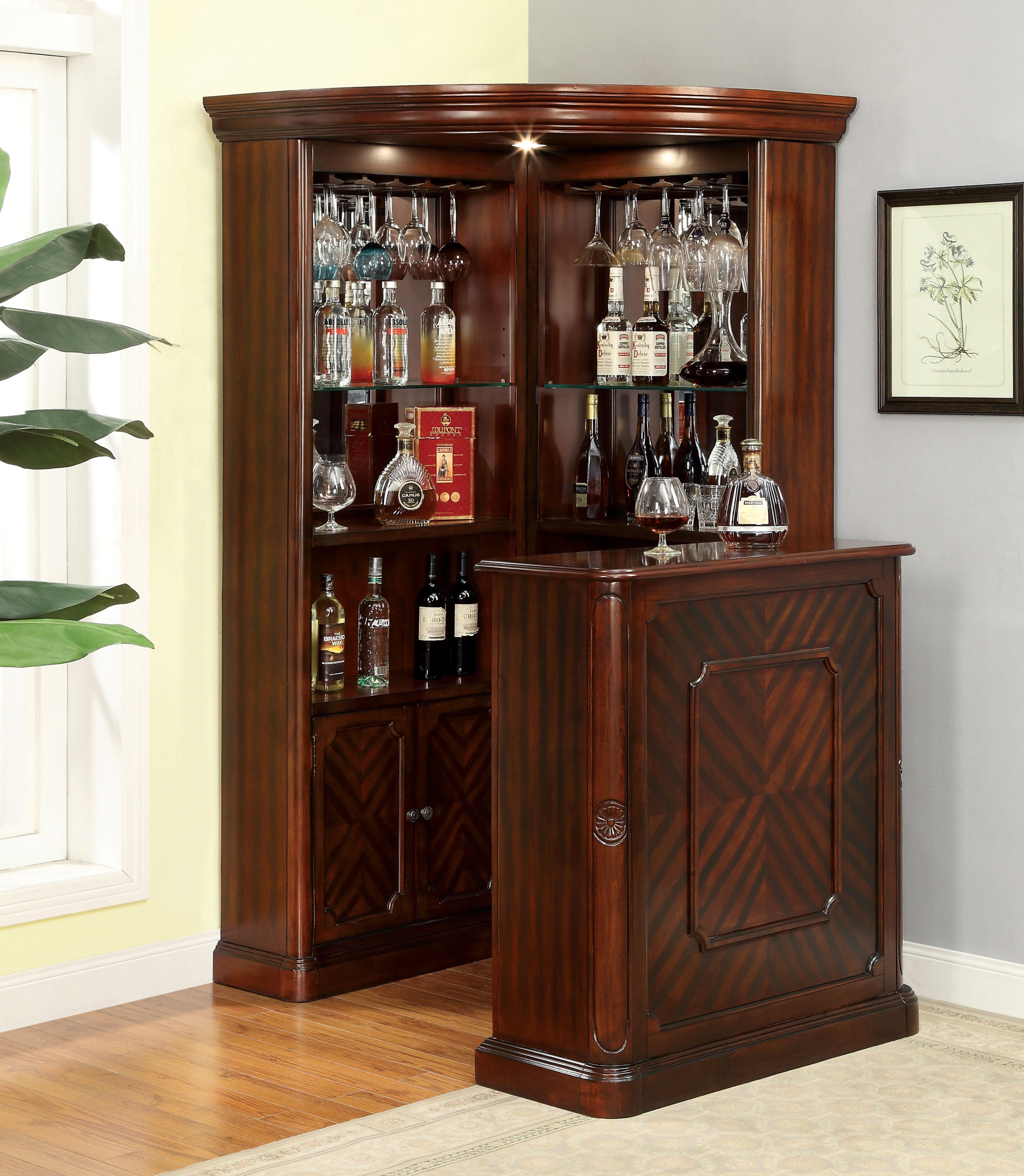 Classical Corner Home Bar with Storage in Dark Cherry