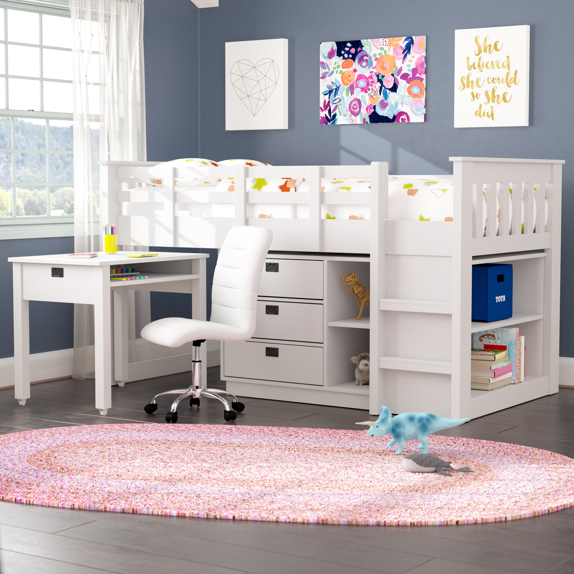 Compact Twin Low Loft Bed With Storage And Rails
