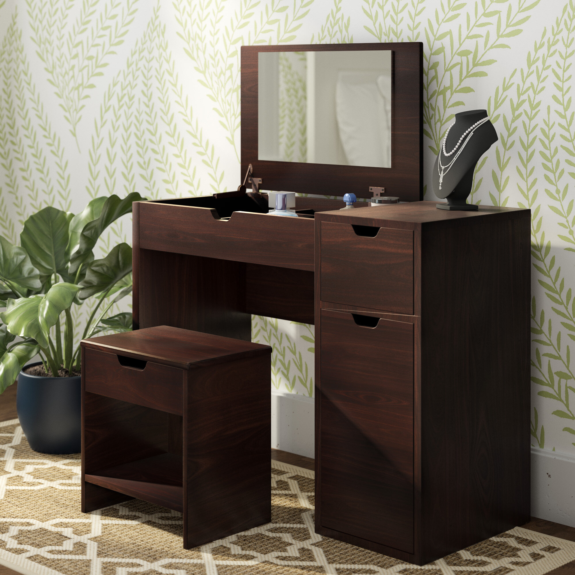 Dark Walnut Vanity Set With Mirror