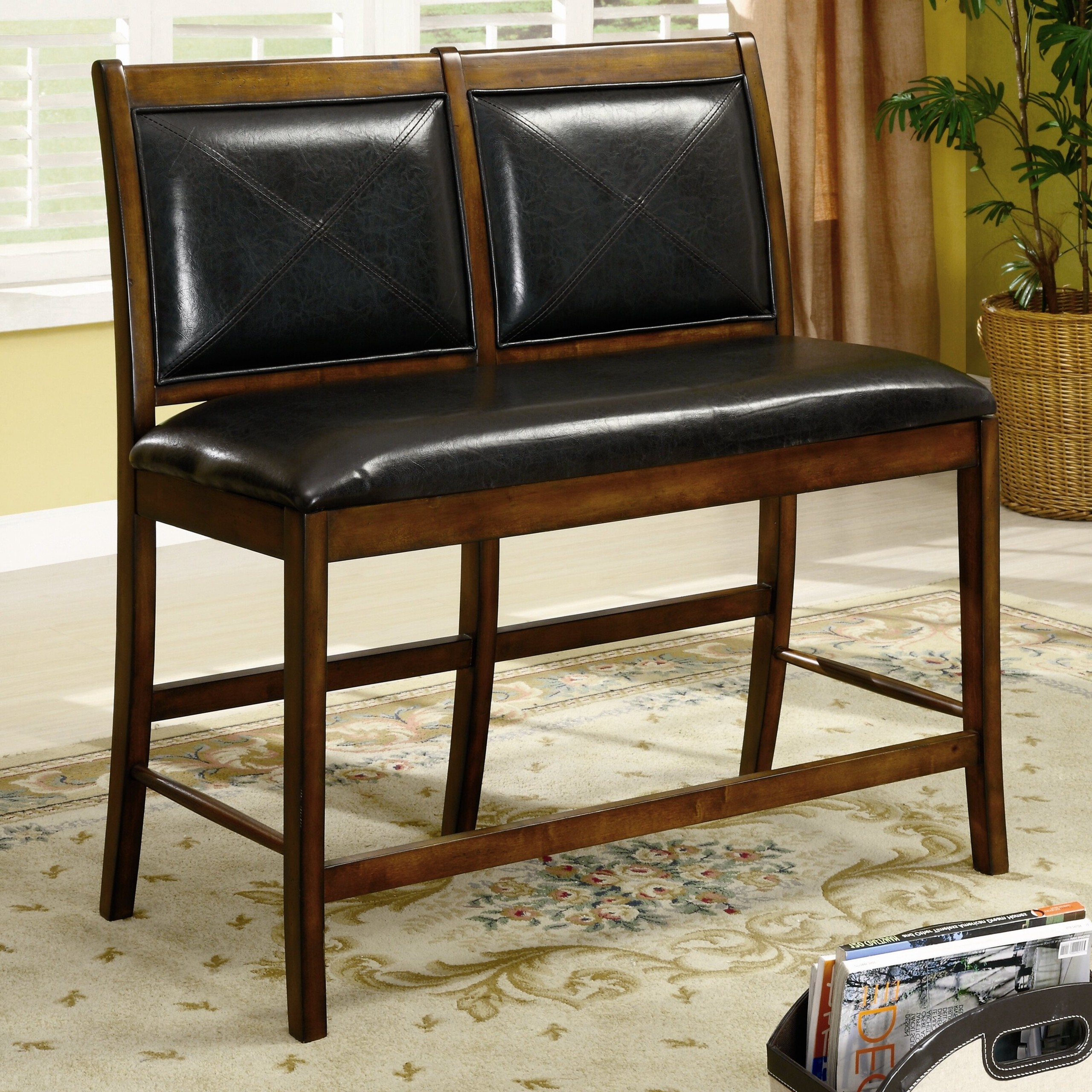 High Dark Brown Wood And Leather Bench