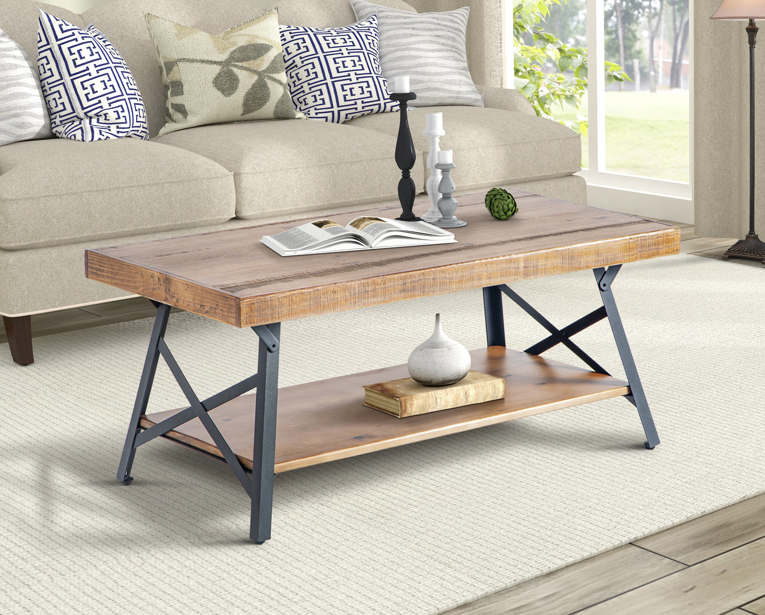 Iron and Pine Wood Coffee Table