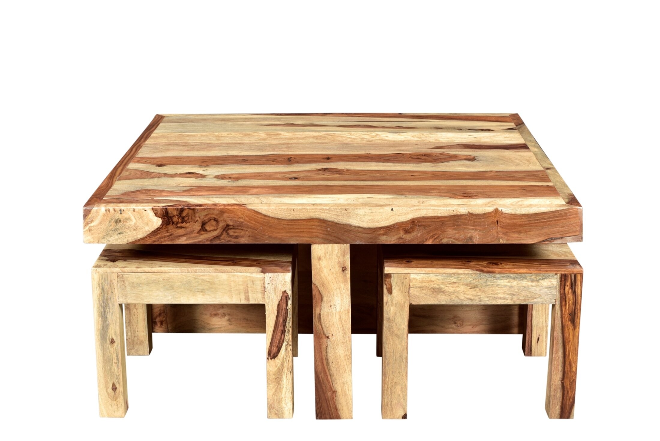 Rustic Pine Wood Coffee Table With Nested Stools