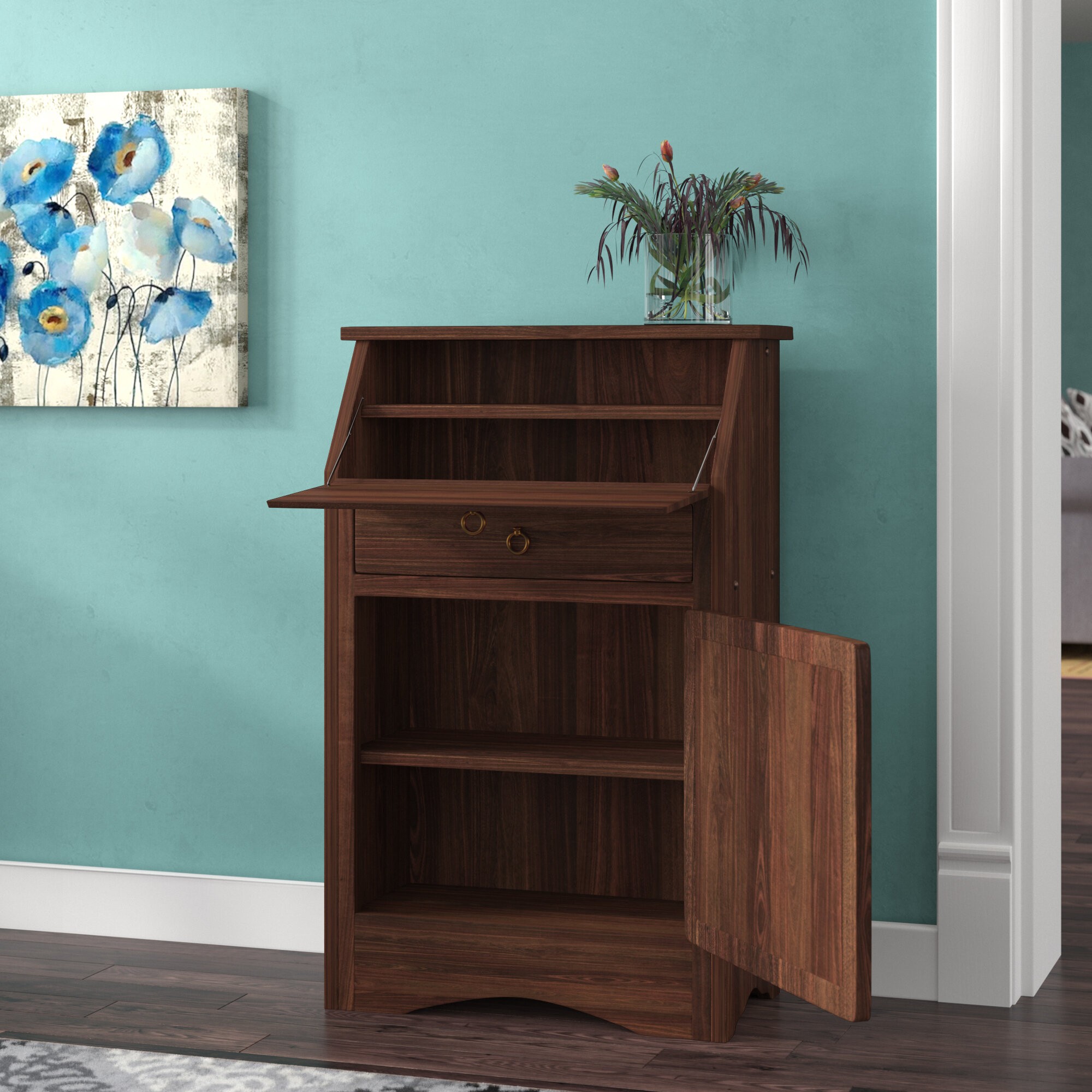 Solid Wood Brown Rectangular Secretary Desk