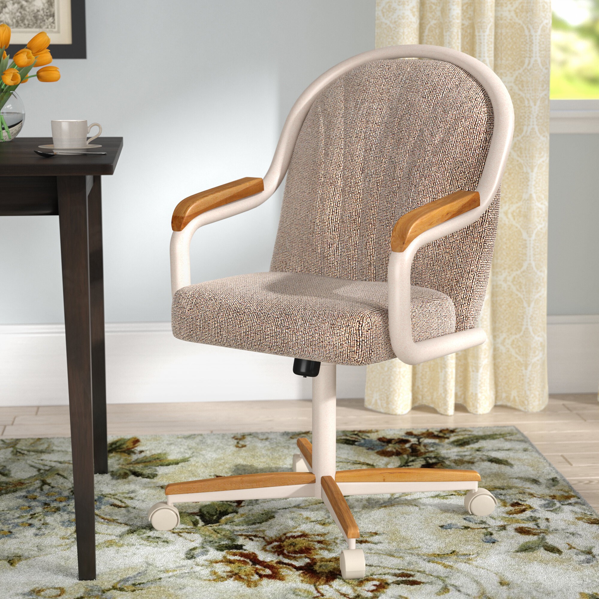 Traditional Mid-Back Dining Chair with Arms and Wheels