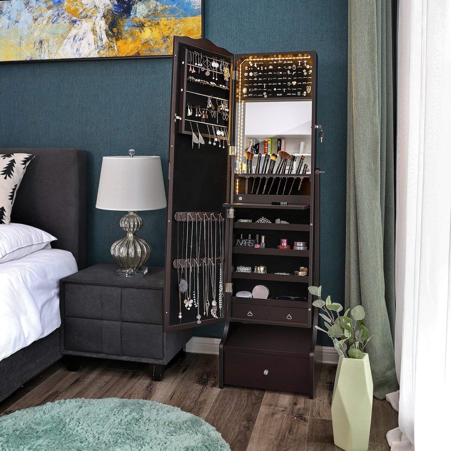 Trinh LED Light Free standing Jewelry Armoire with Mirror