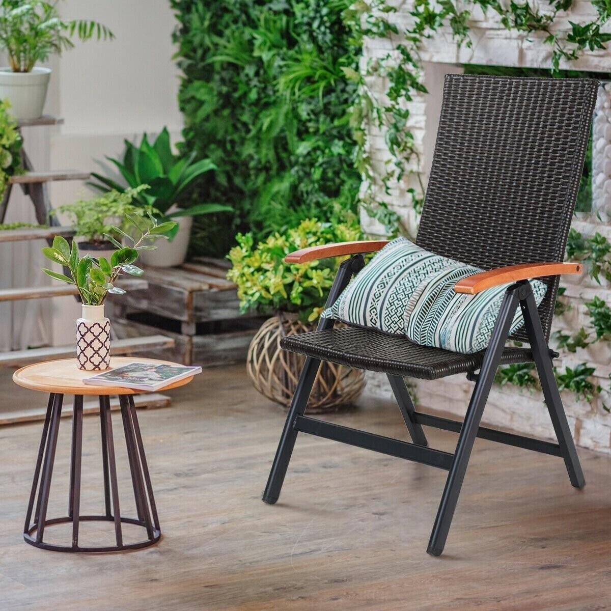 Black Metal Aluminum Wicker Rattan Reclining Folding Camping Chair