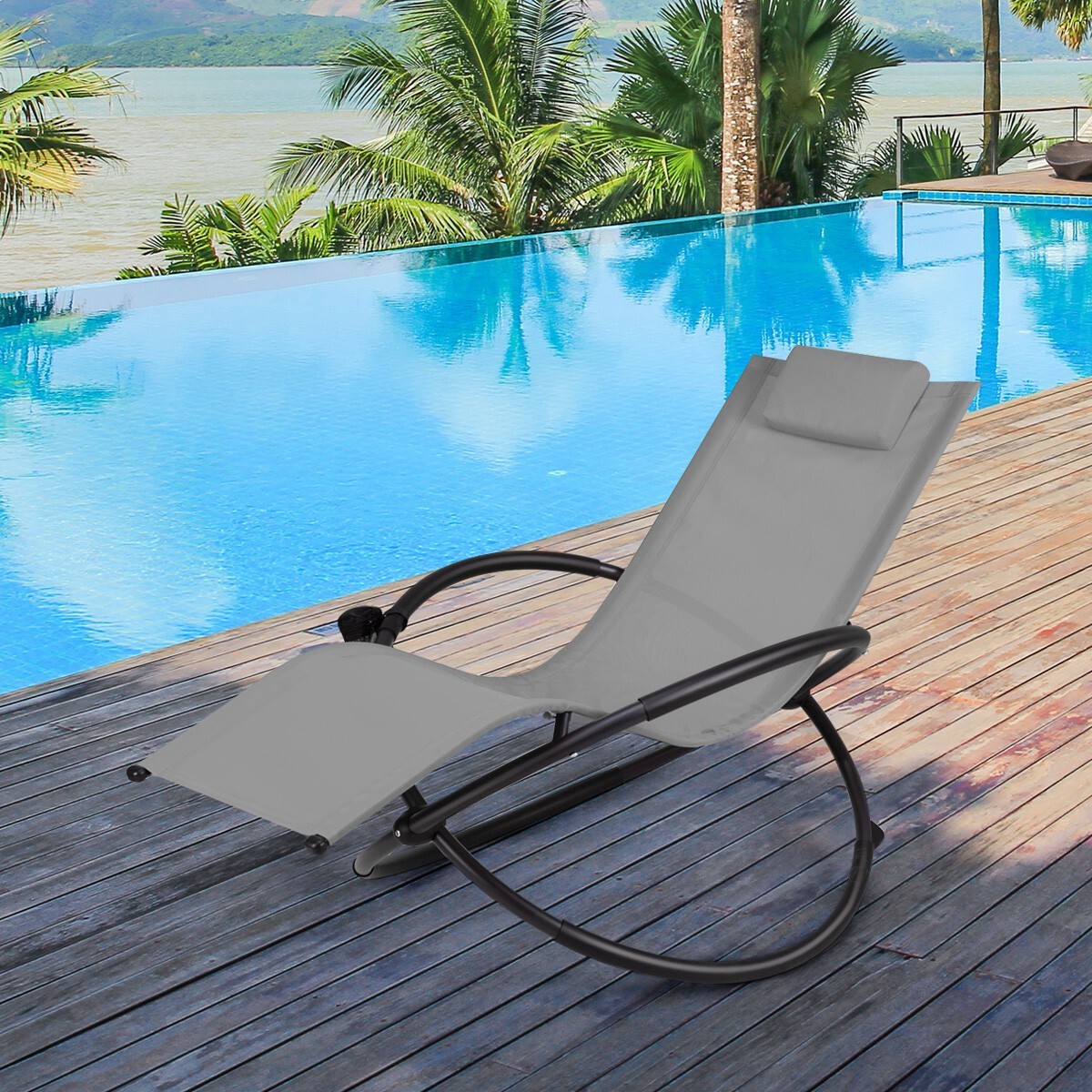 Black Metal Iron Gray Polyester Folding Zero Gravity Chair
