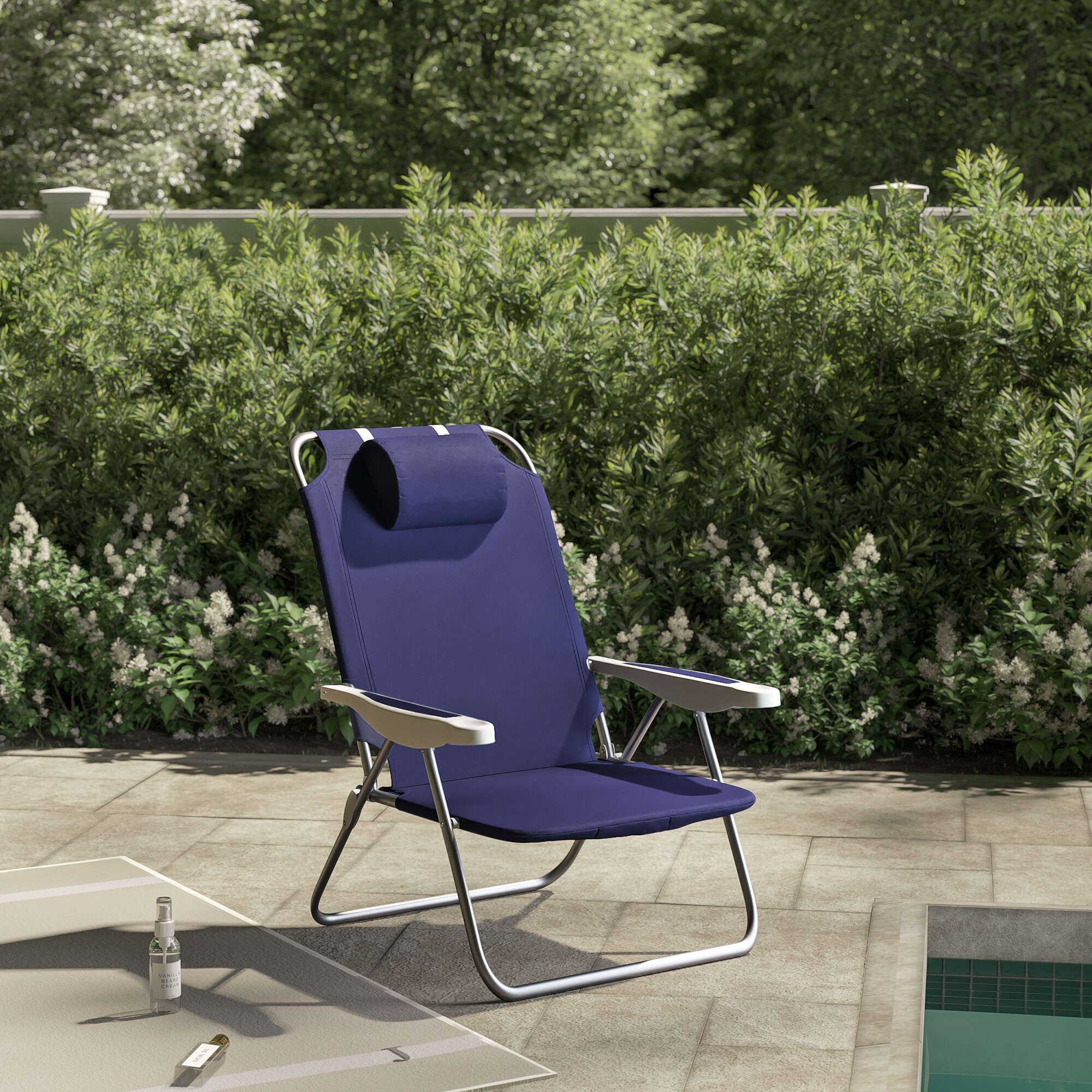 Blue Polyester White Metal Steel Reclining Beach Chair