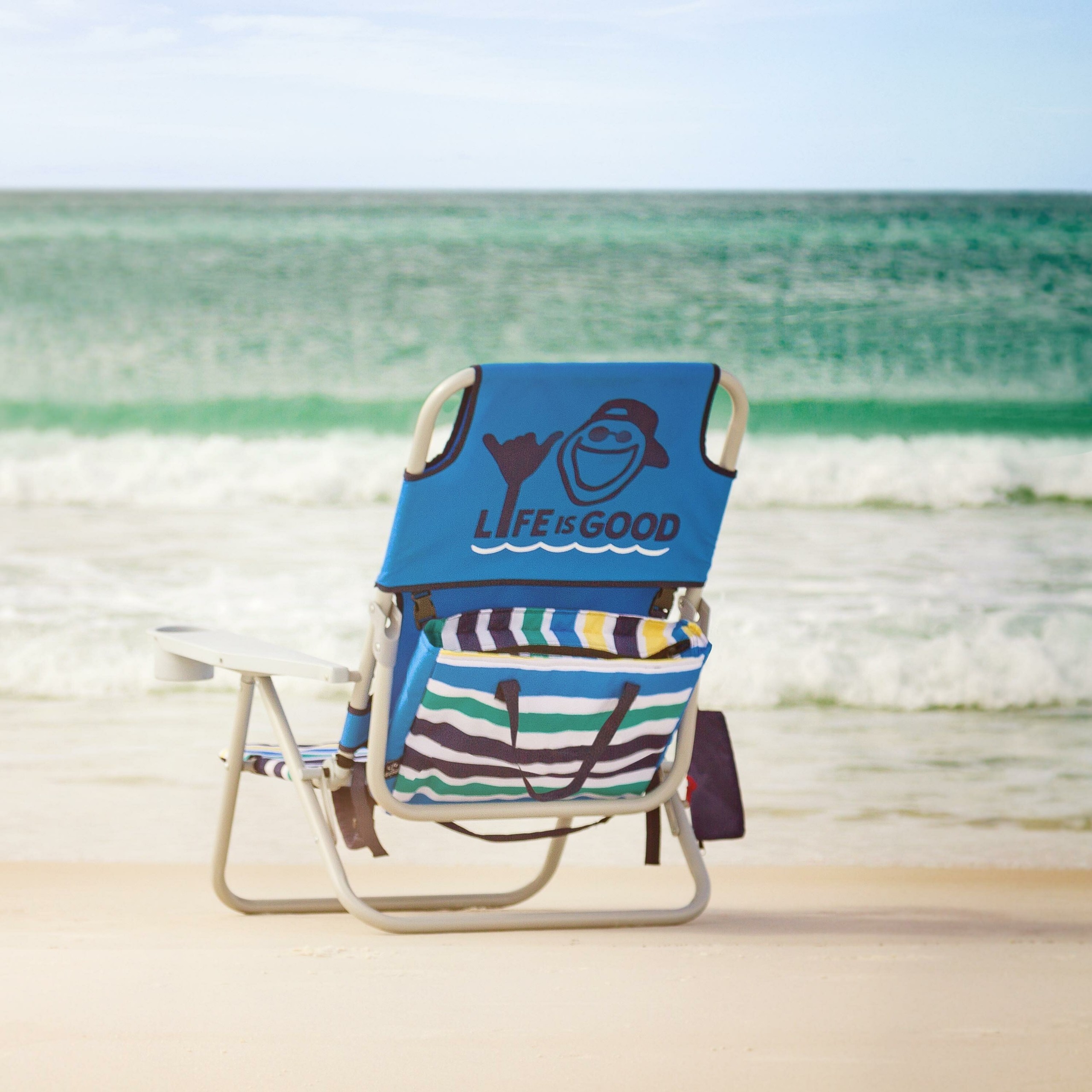 Gray Metal Aluminum Blue Yellow Polyester Canvas Reclining Beach Chair