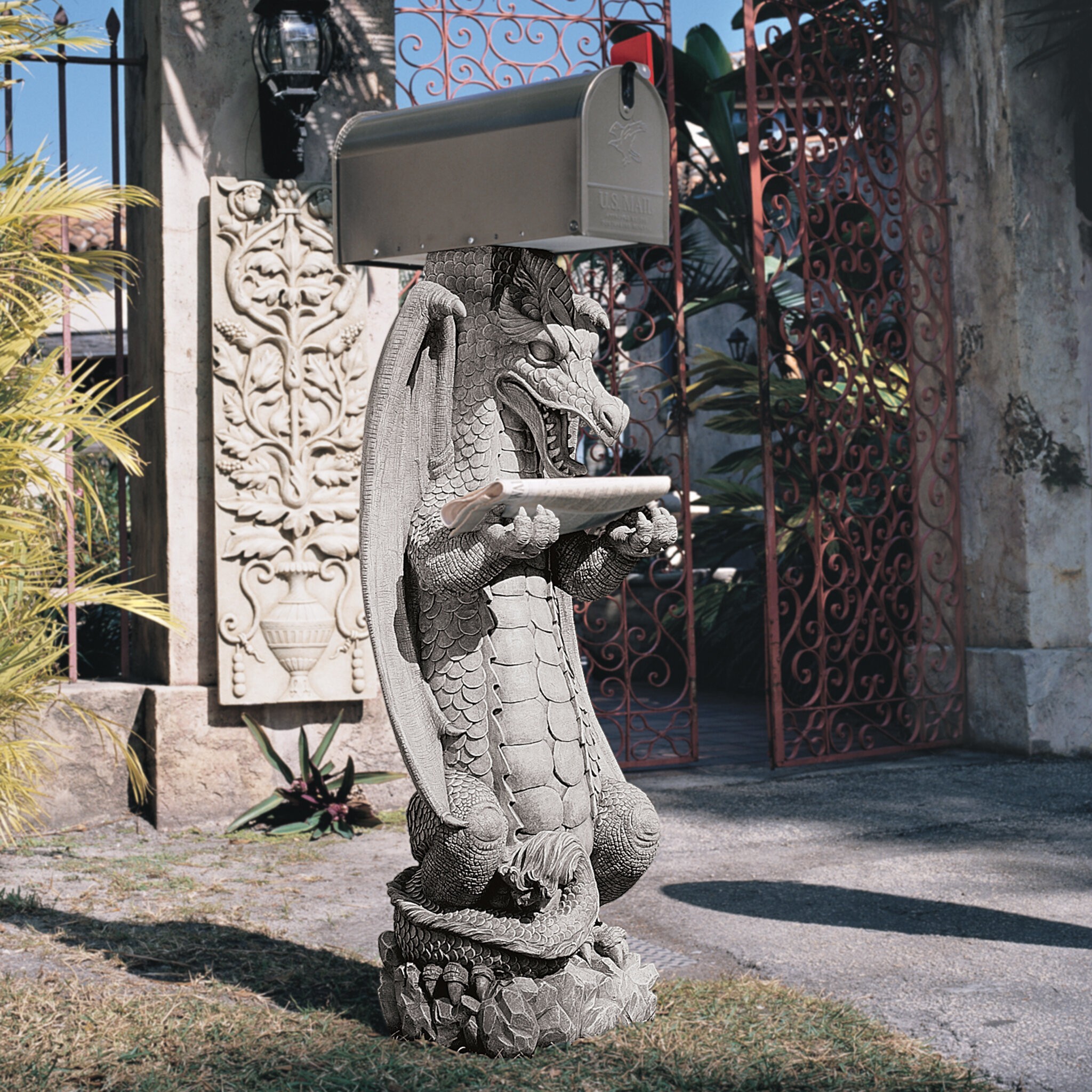 Gray Stone Post Mounted Mailbox