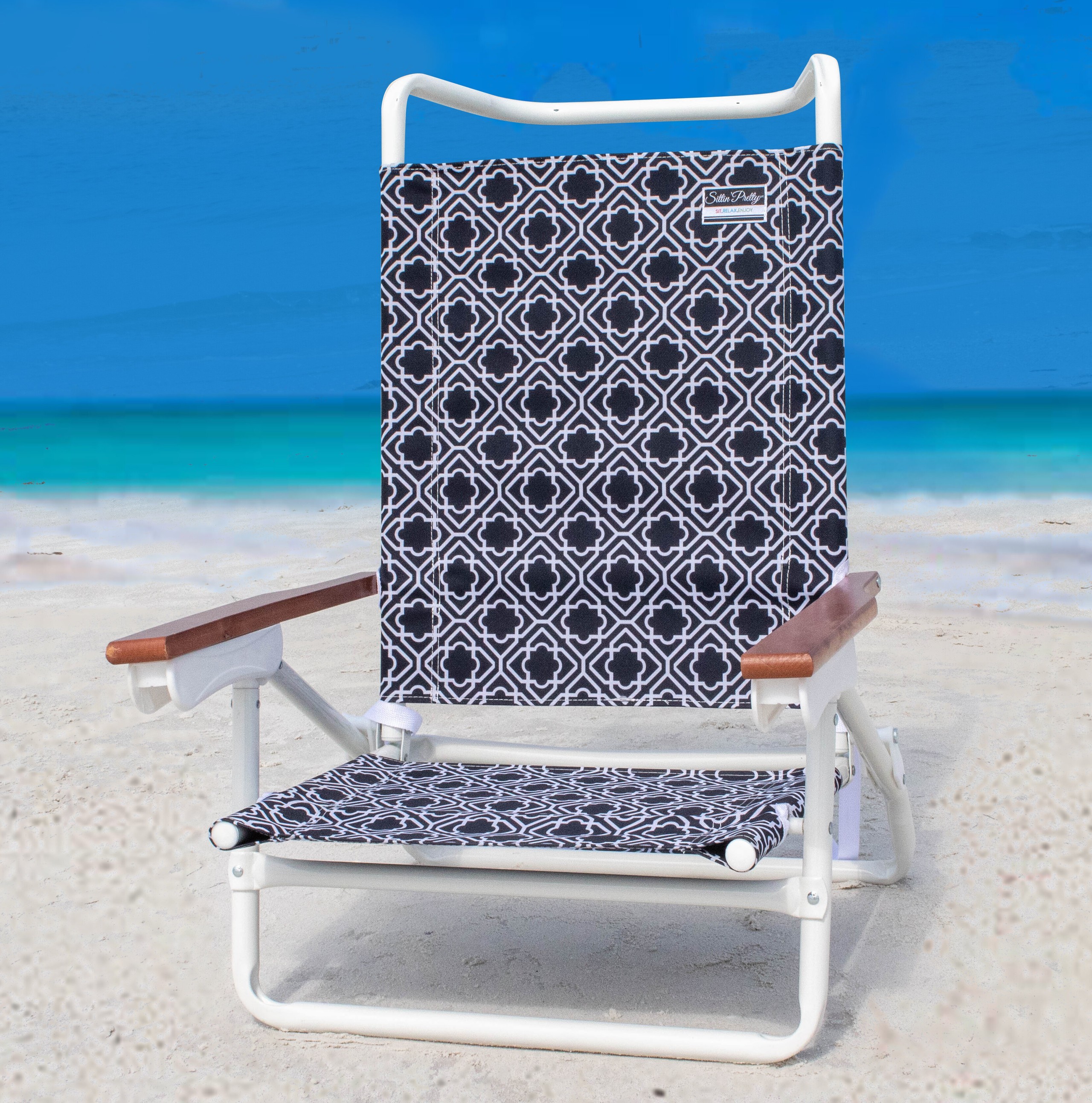 Optic White Brown Metal Aluminum Solid Wood Polyester Reclining Beach Chair