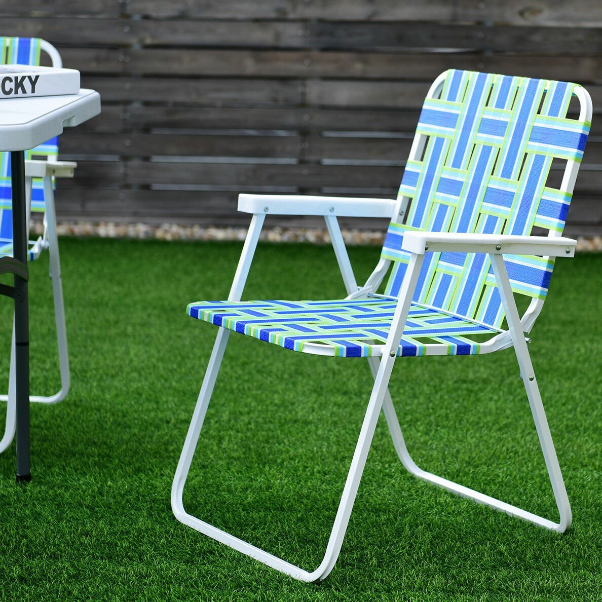 White Blue Metal Steel Folding Camping Chair
