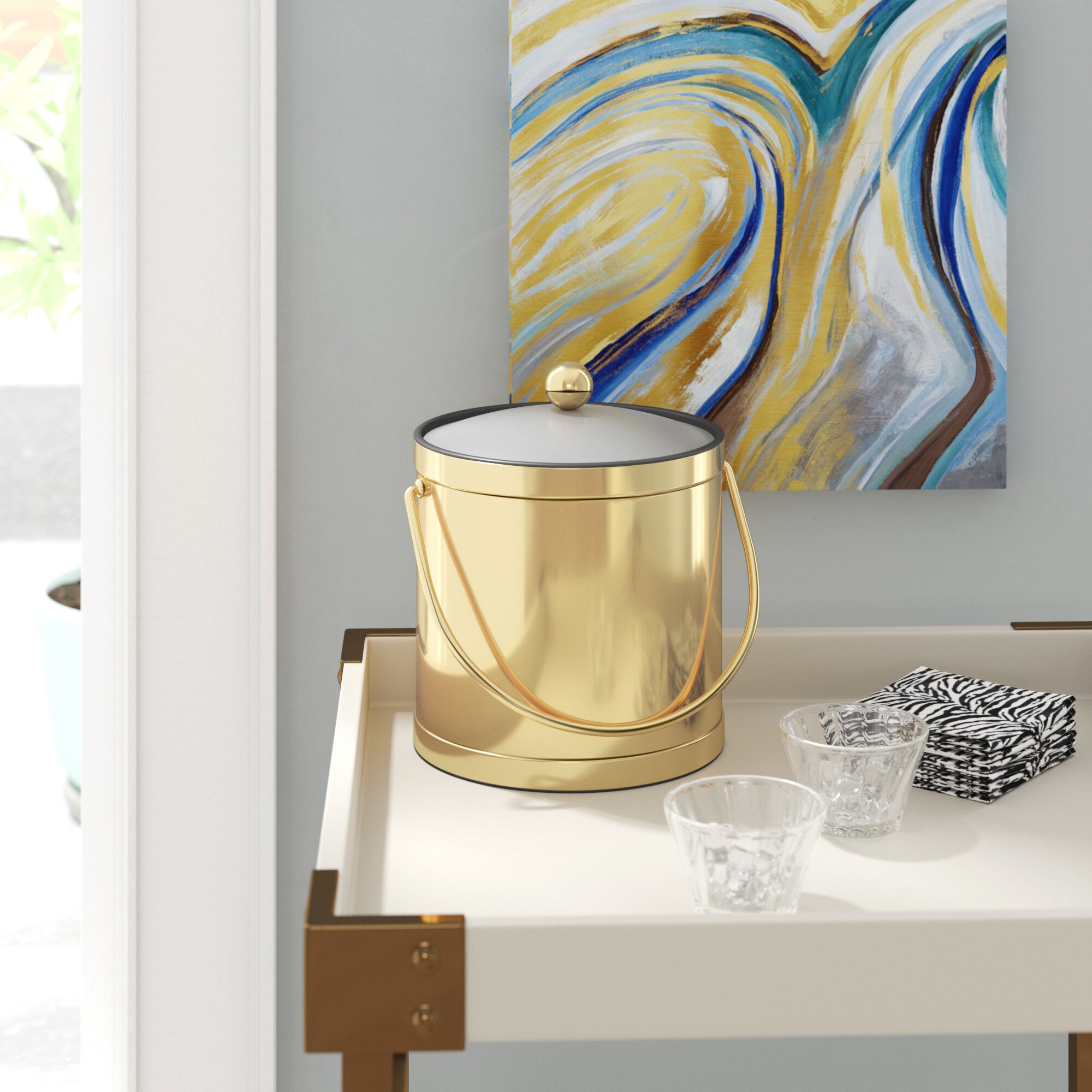 Whobrey 3 Qt Ice Bucket with Lucite Cover in Polished Brass