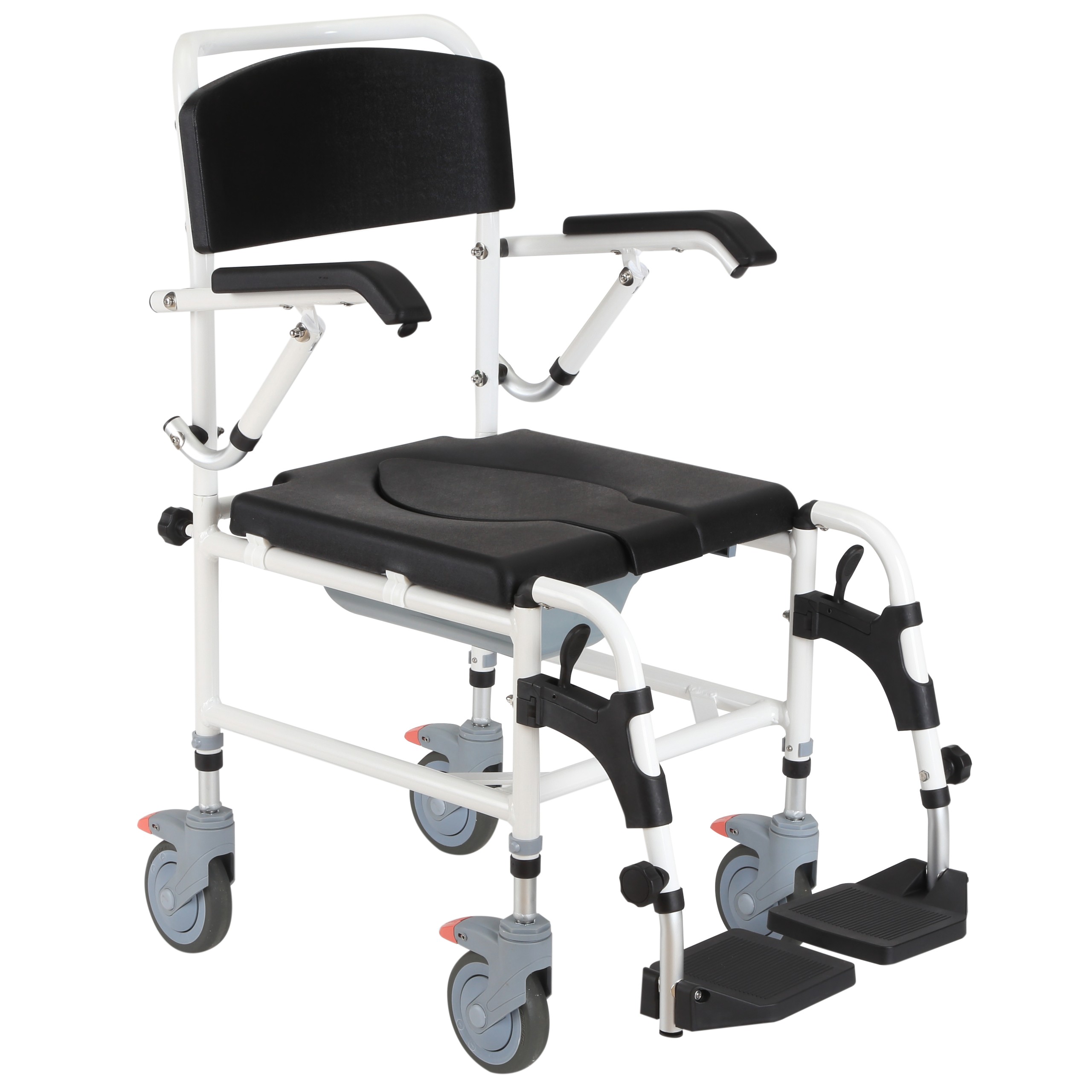 Accessibility Commode WheelChair with 4 Castor Wheels, Rectangle Detachable Bucket, & Waterproof Design Black Shower Chair