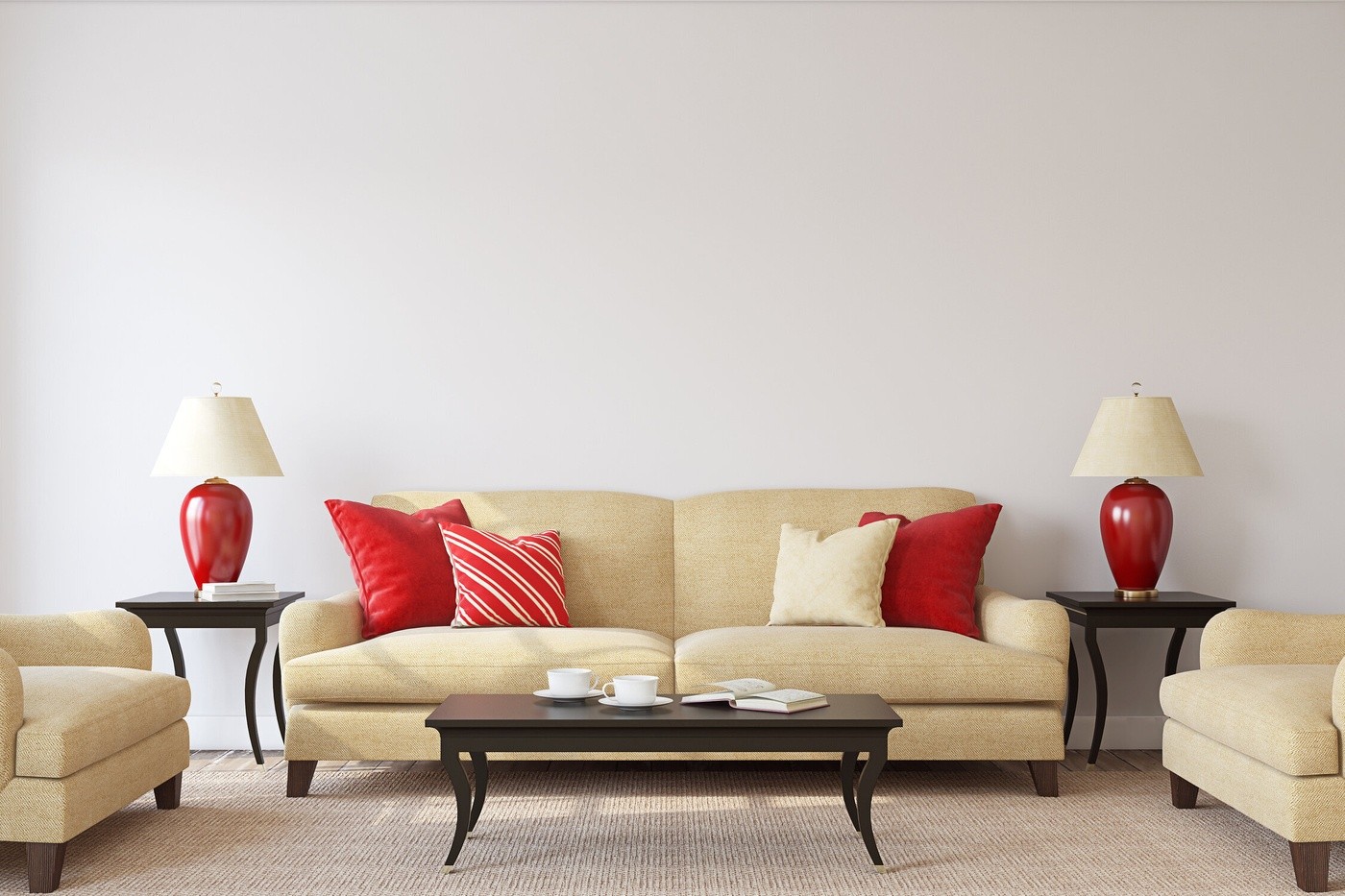 Beige Sofa With Red Pillows