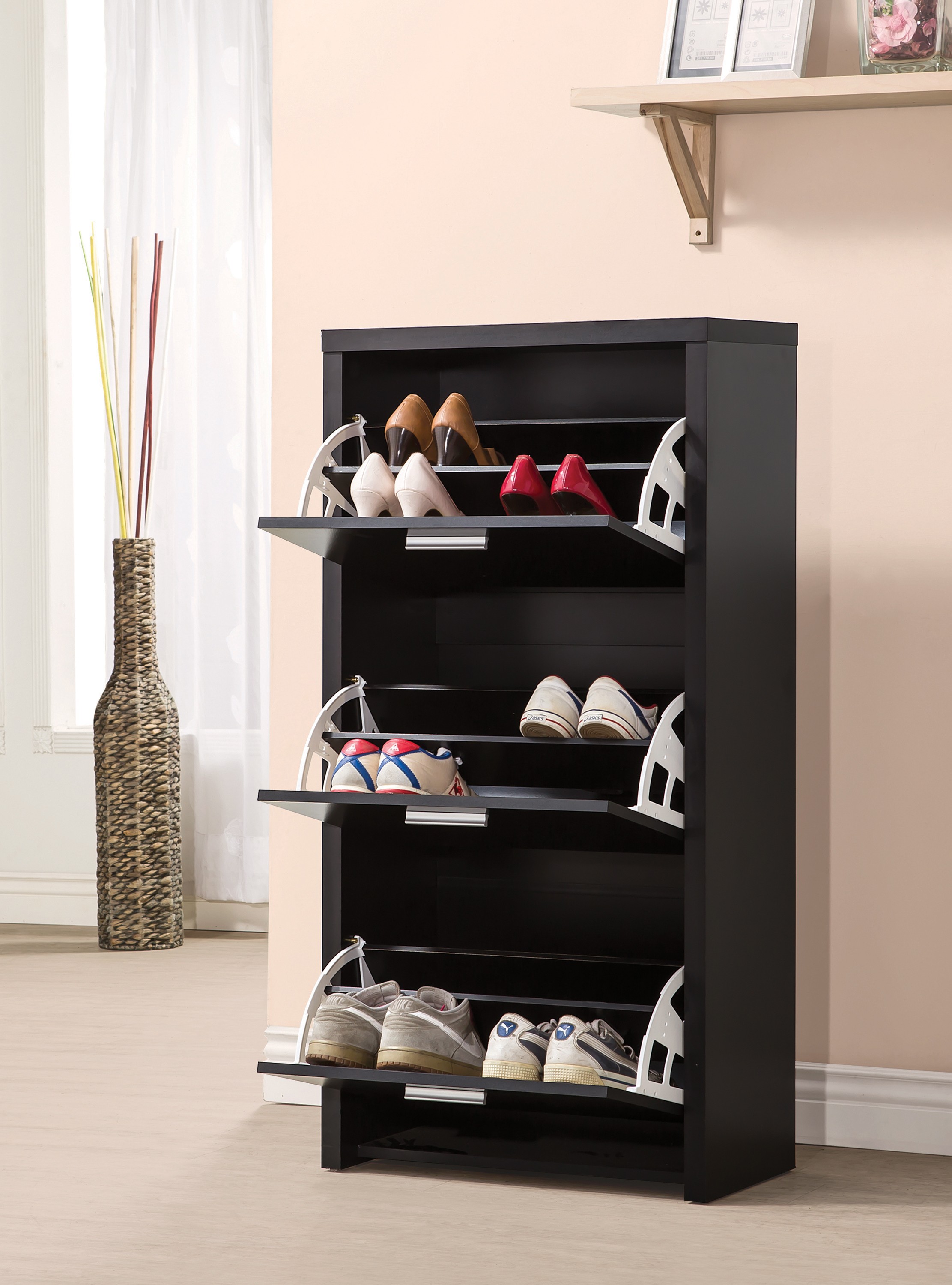 Black Accent Drop Down Shelf Shoe Storage Cabinet