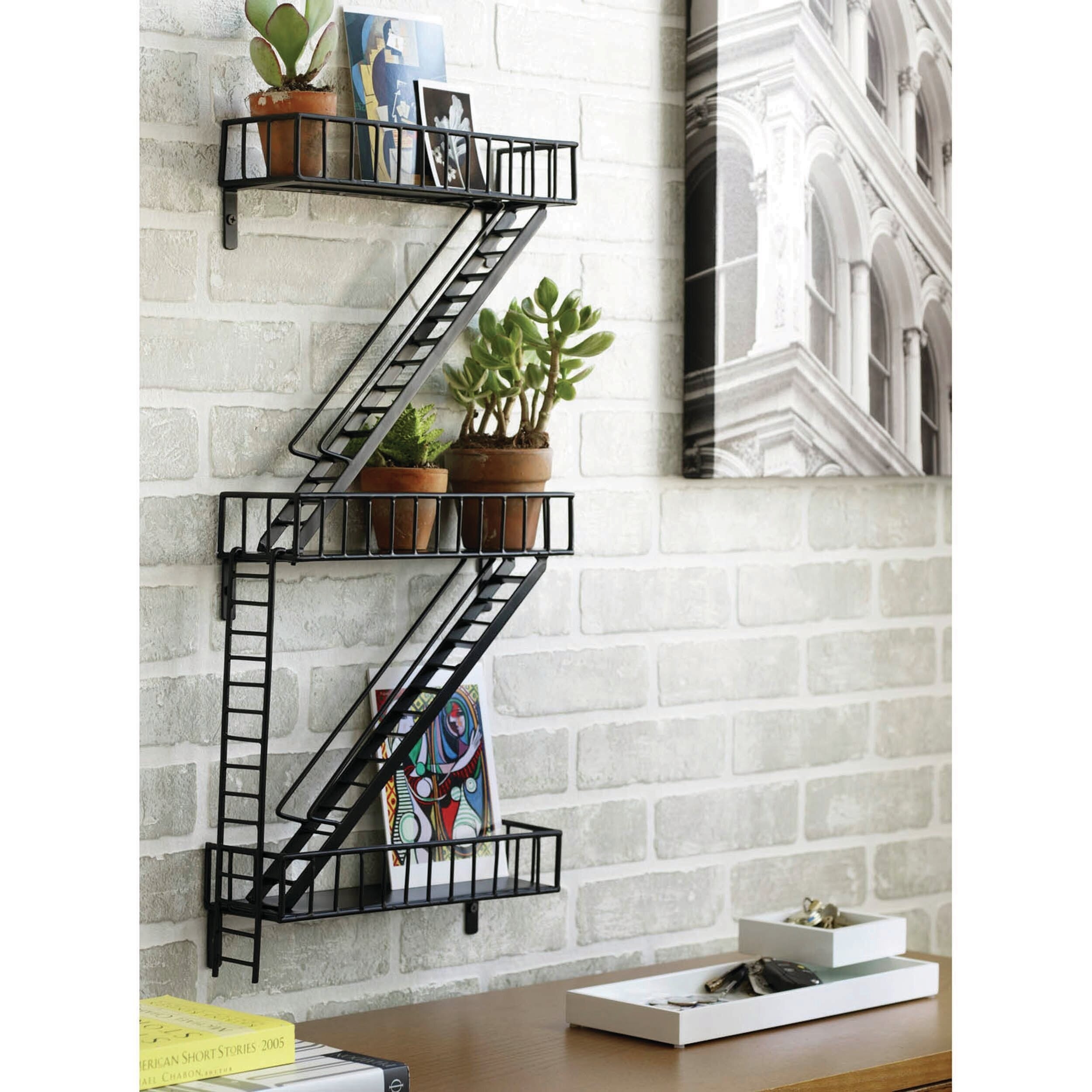 Black Stylish Metal Fire Escape Wall Shelf