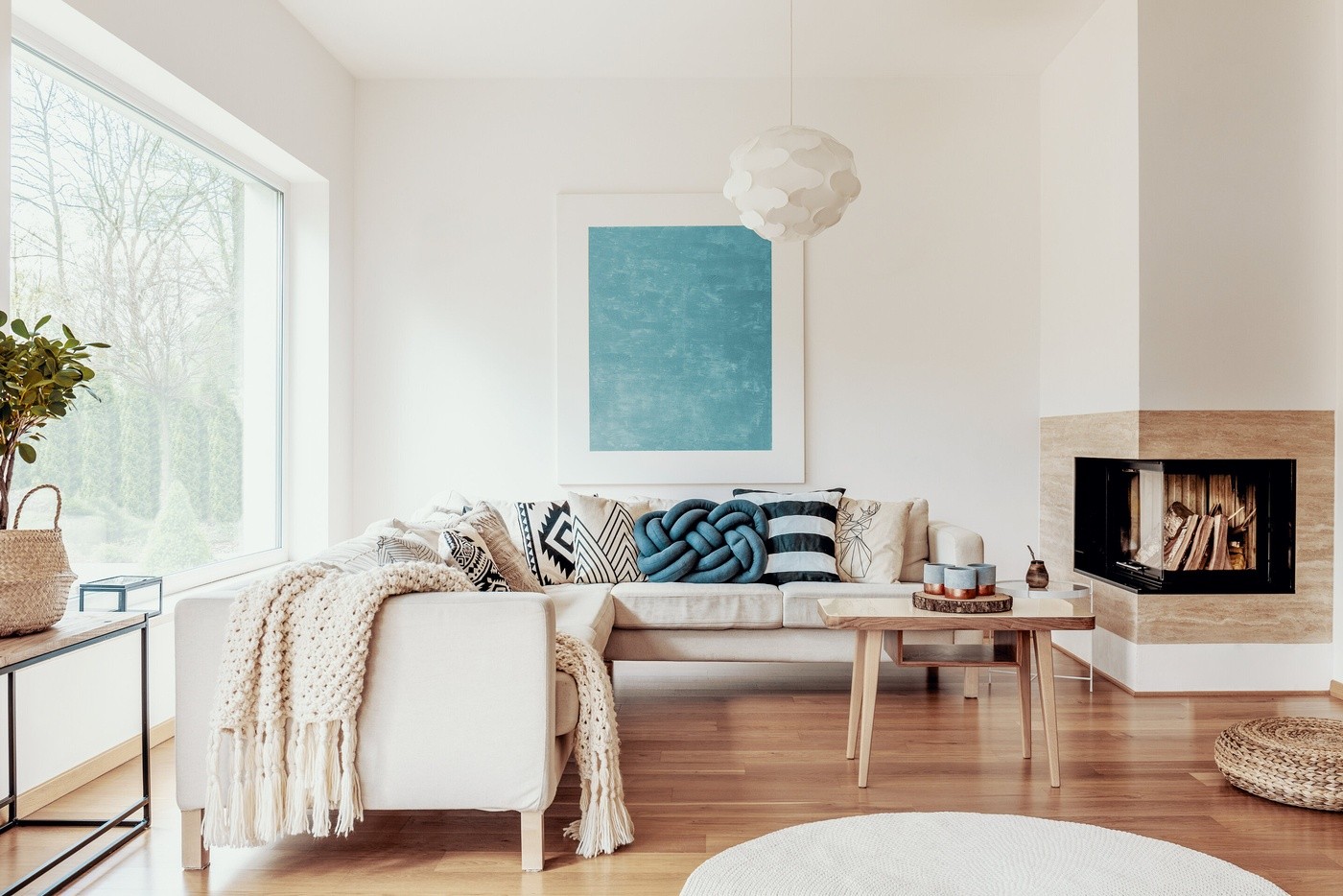 Blue Pillow On A Beige Corner Sofa