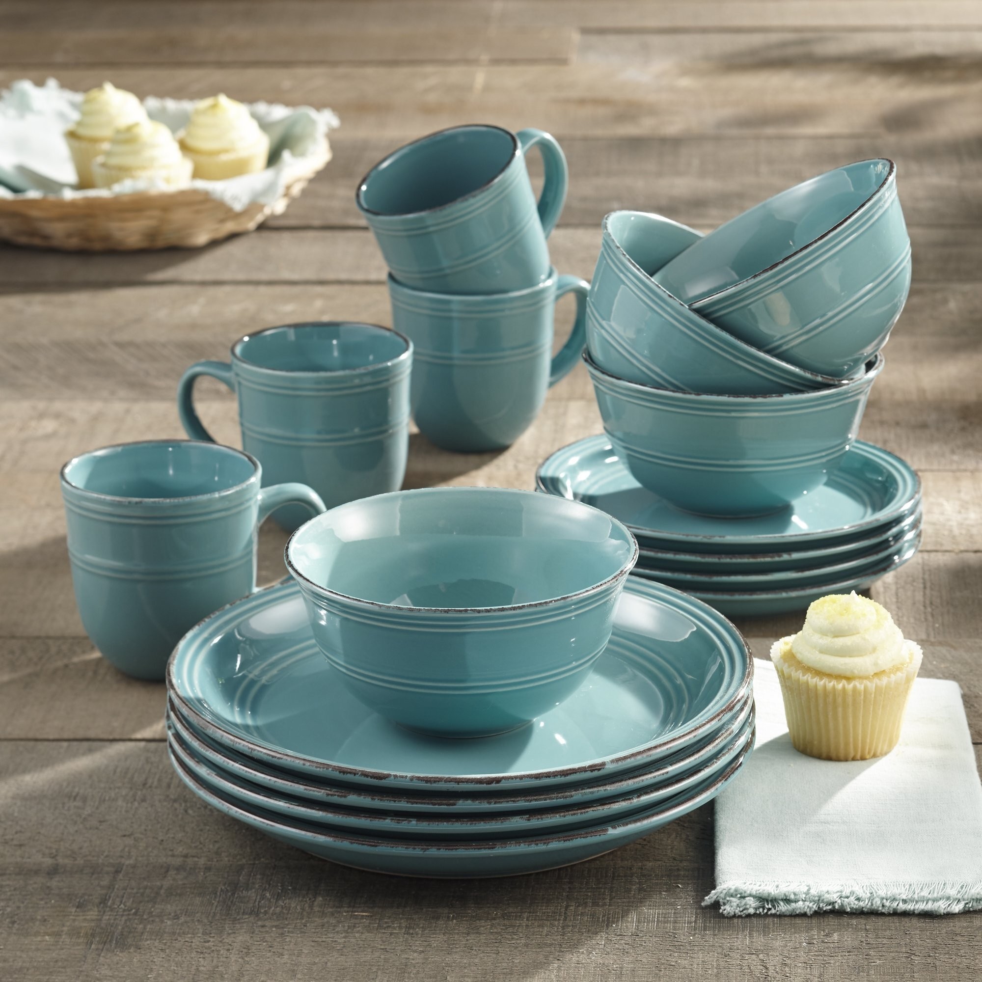 Blue Round Stoneware Dinnerware Set