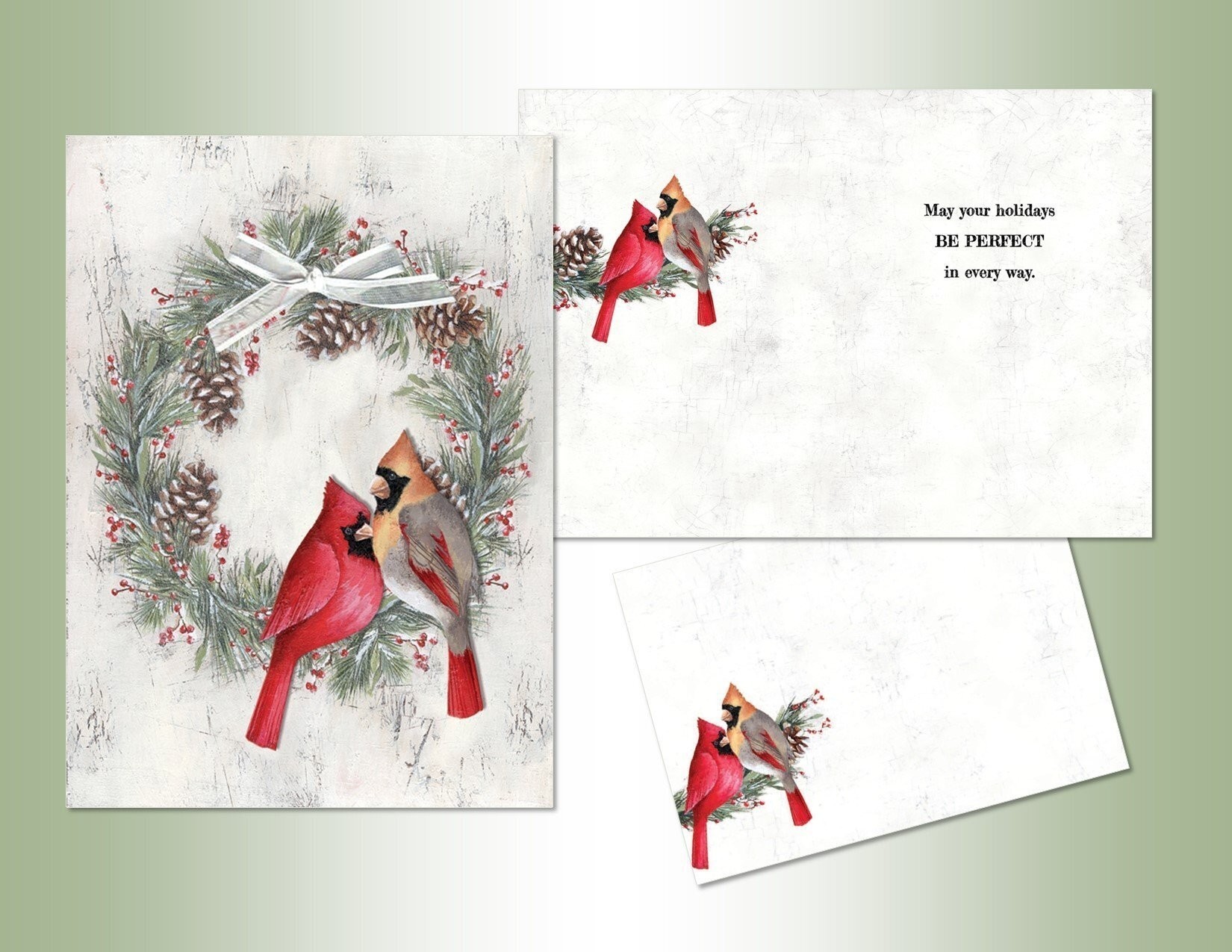Cardinals and Wreath Hand Embellished Card Set