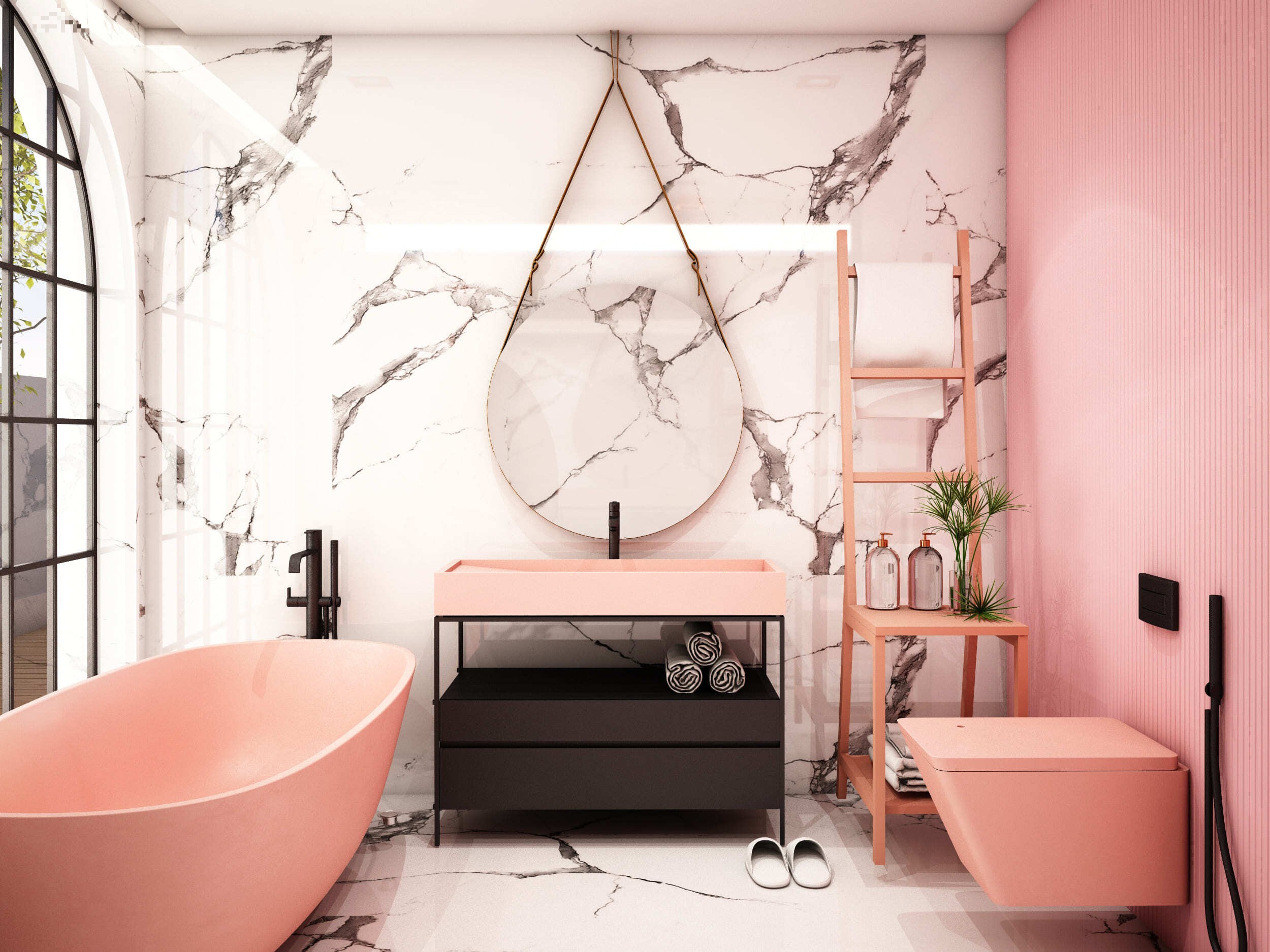 Coral and Black Bathroom Design