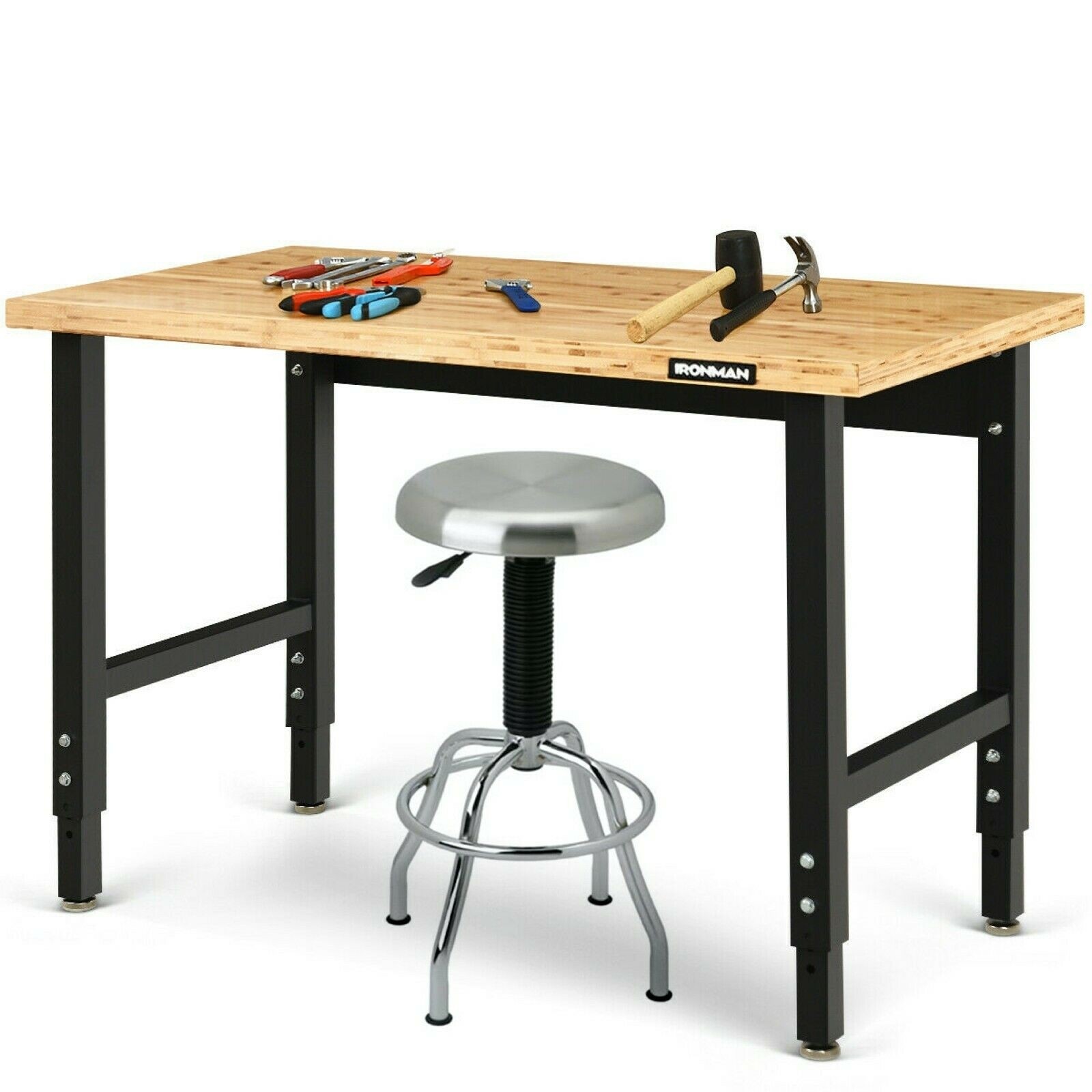 Goplus Adjustable Workbench, 48" 1500 Lbs Bamboo Top Garage Work Bench, Heavy-Duty Steel Work Table Hardwood Workstation, Easy Assembly