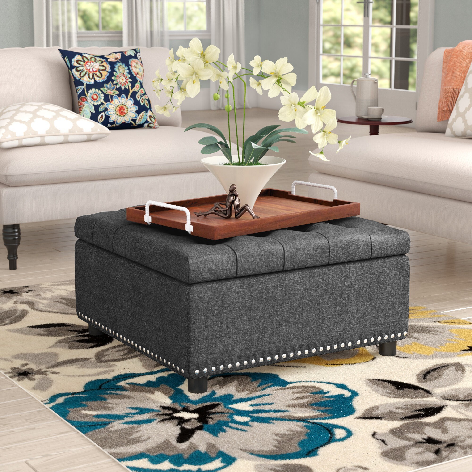Gray Tufted Square Storage Ottoman