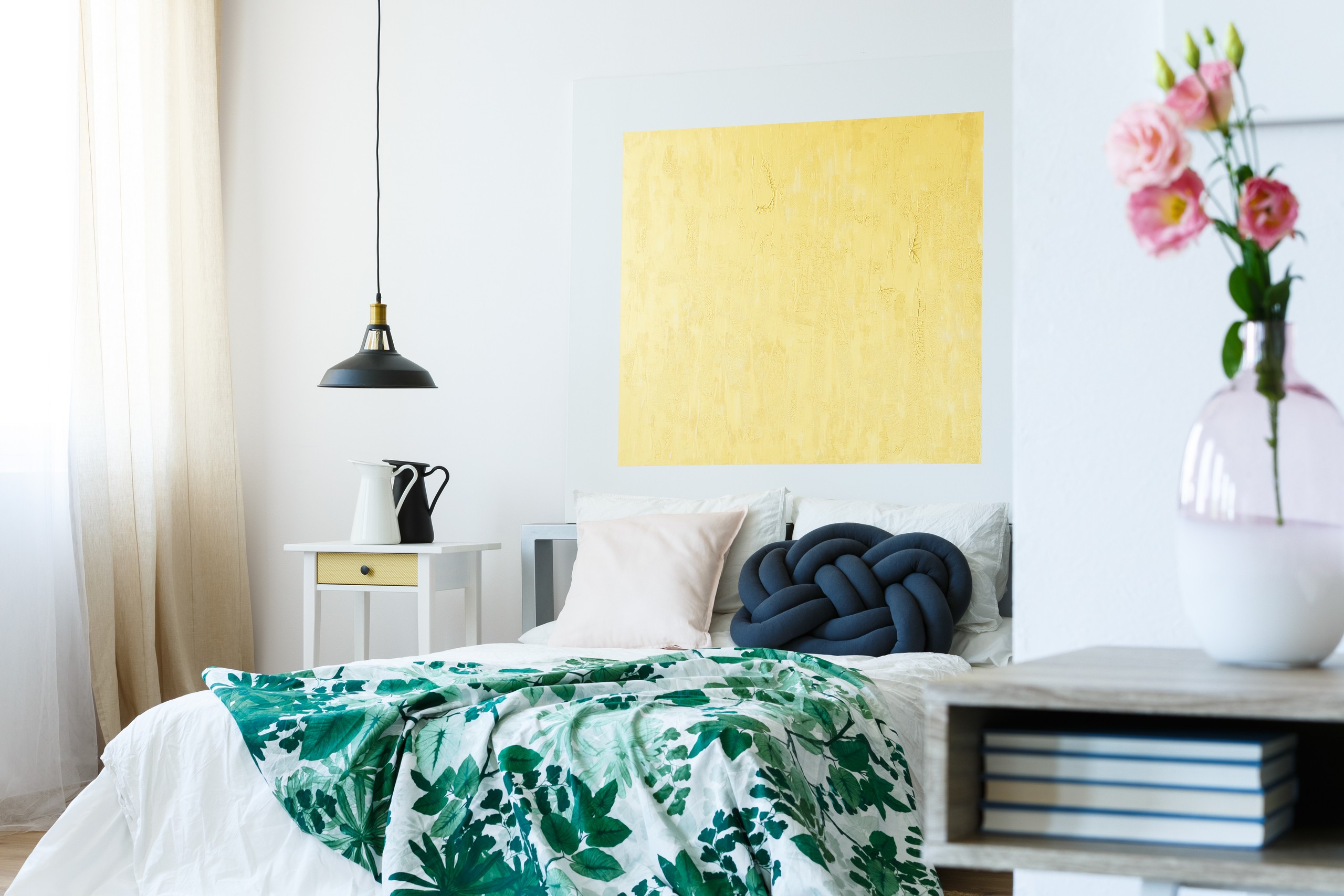 Green and Yellow Floral Details in Bedroom