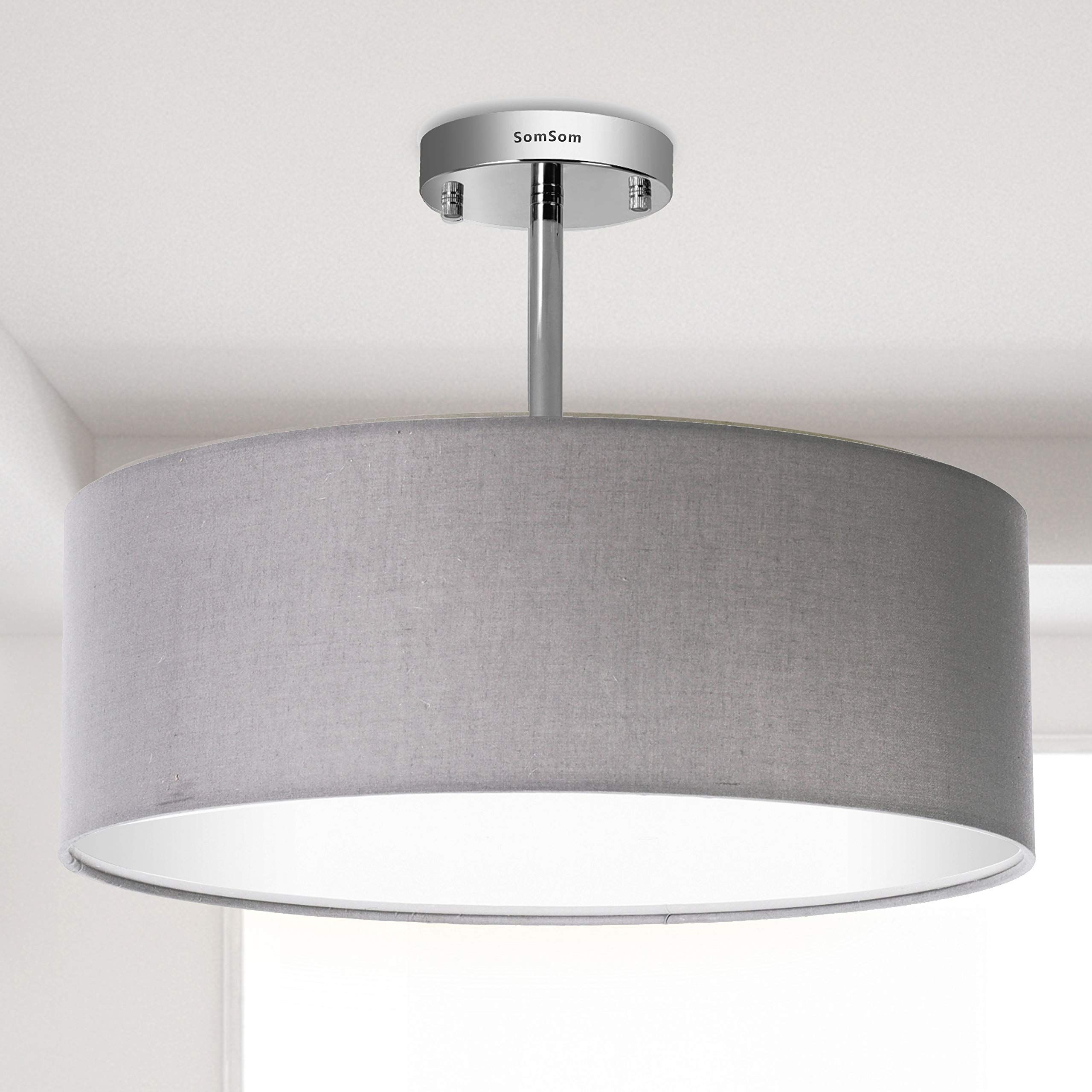 Modern Ceiling Light, 18" Classic 3-Light Drum Pendant Chandelier, Grey Drum Shade, Round Frosted Acrylic Diffuser, Lamps for Living Room