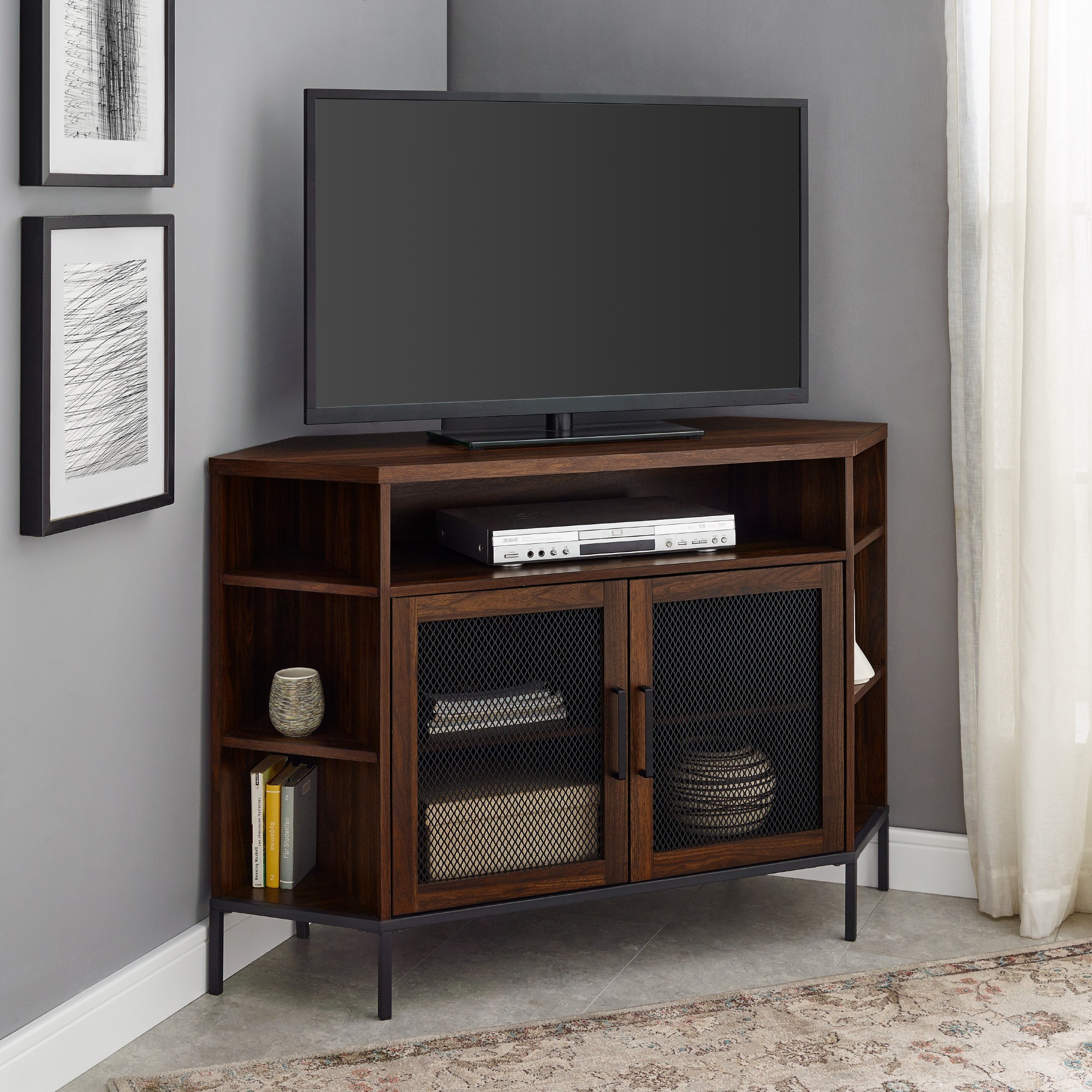 Modern Metal Mesh Wood Corner Universal TV Stand
