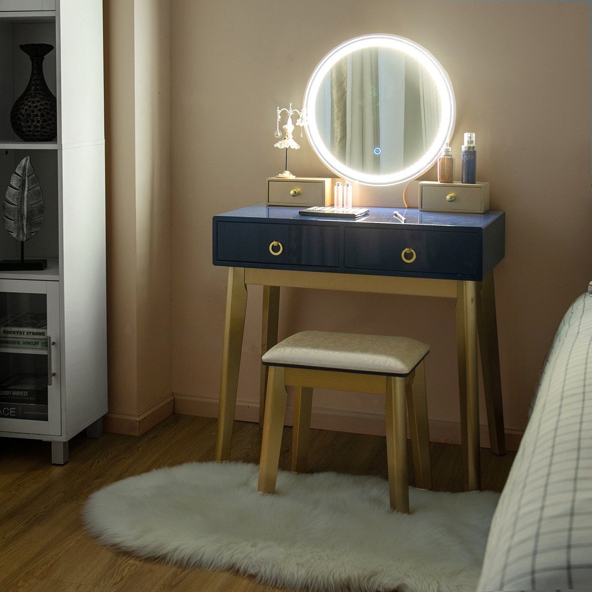 Navy Blue Makeup Vanity With Stool
