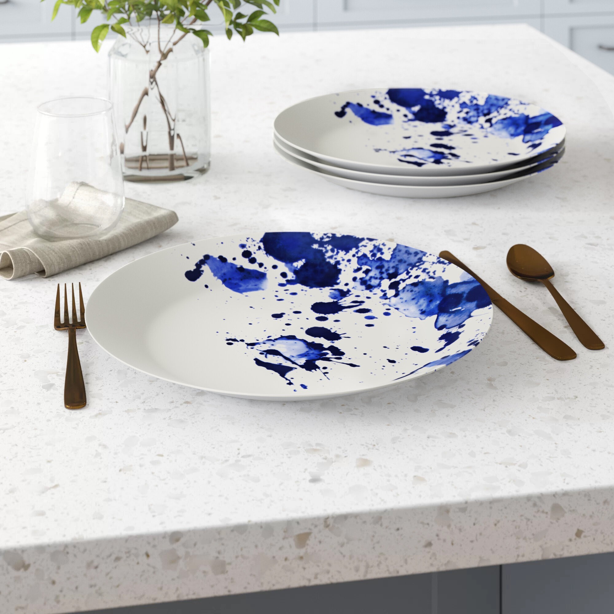 Porcelain China Dinner Plate in White and Blue