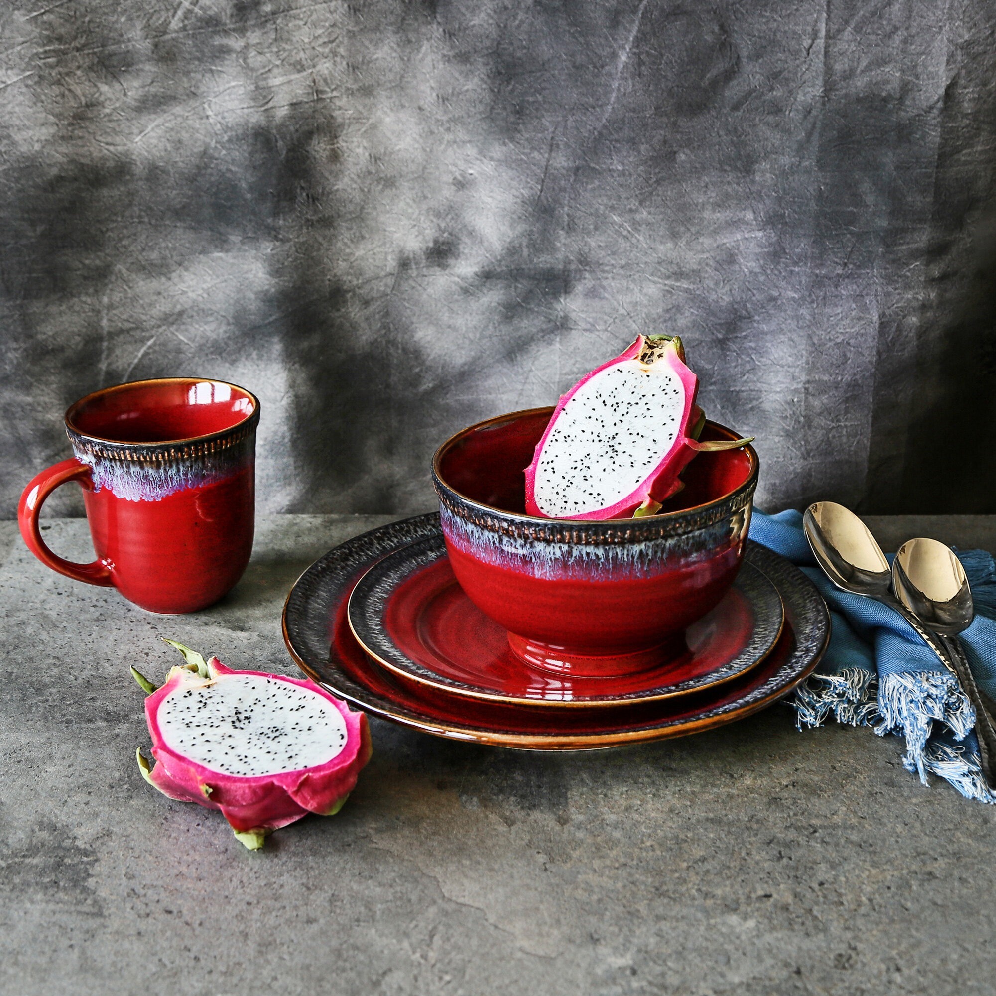 Red Decorative Stoneware Dinnerware Set