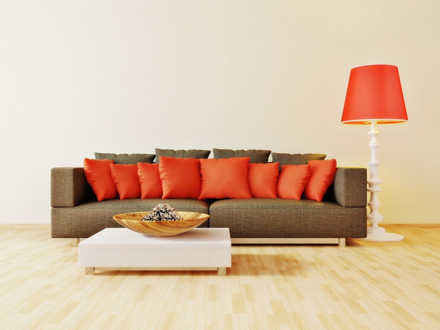 Red Pillows On A Brown Sofa